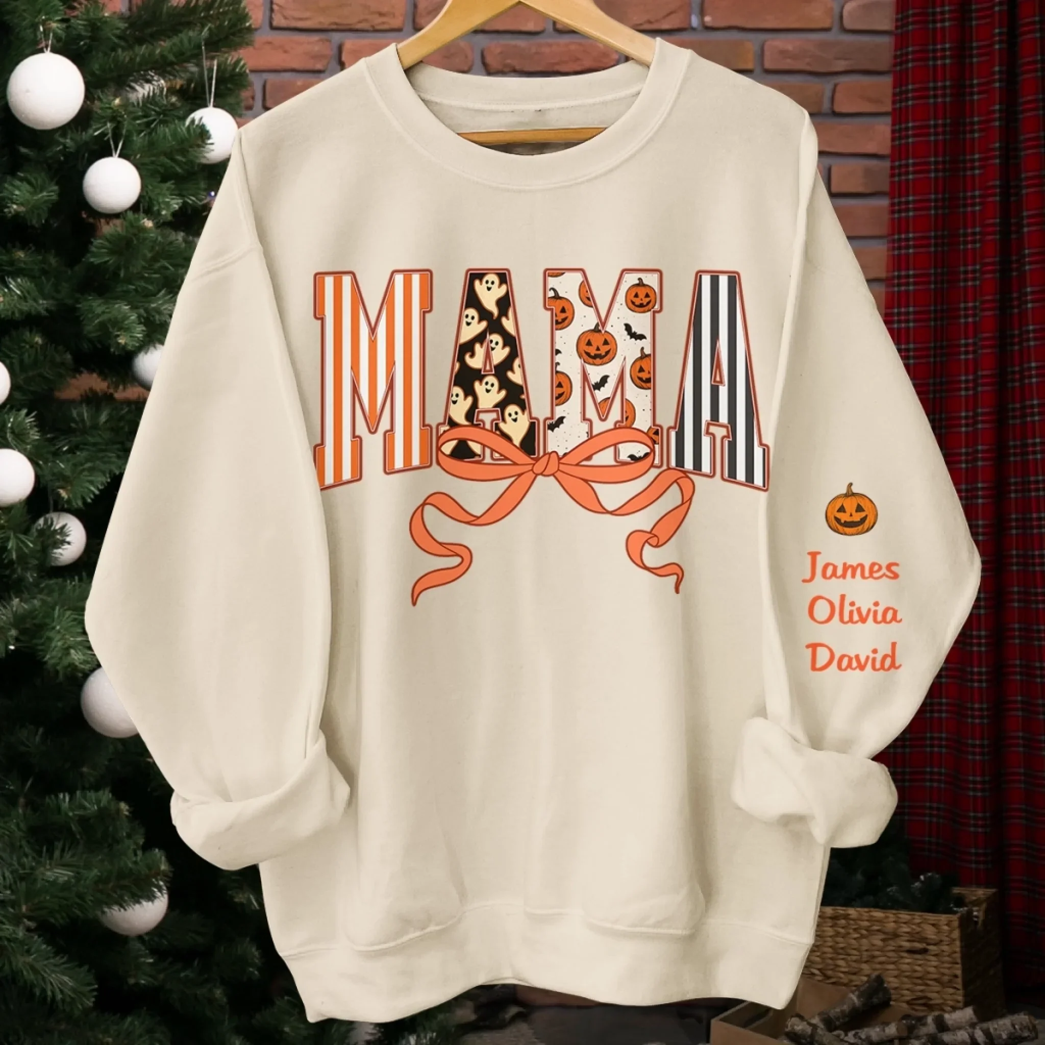 Custom Unisex Sweatshirt, Hoodie With Design On Sleeve - Personalized Halloween Birthday Gifts For Mom, Grandma - Spooky Nights With Family Light - Image 4