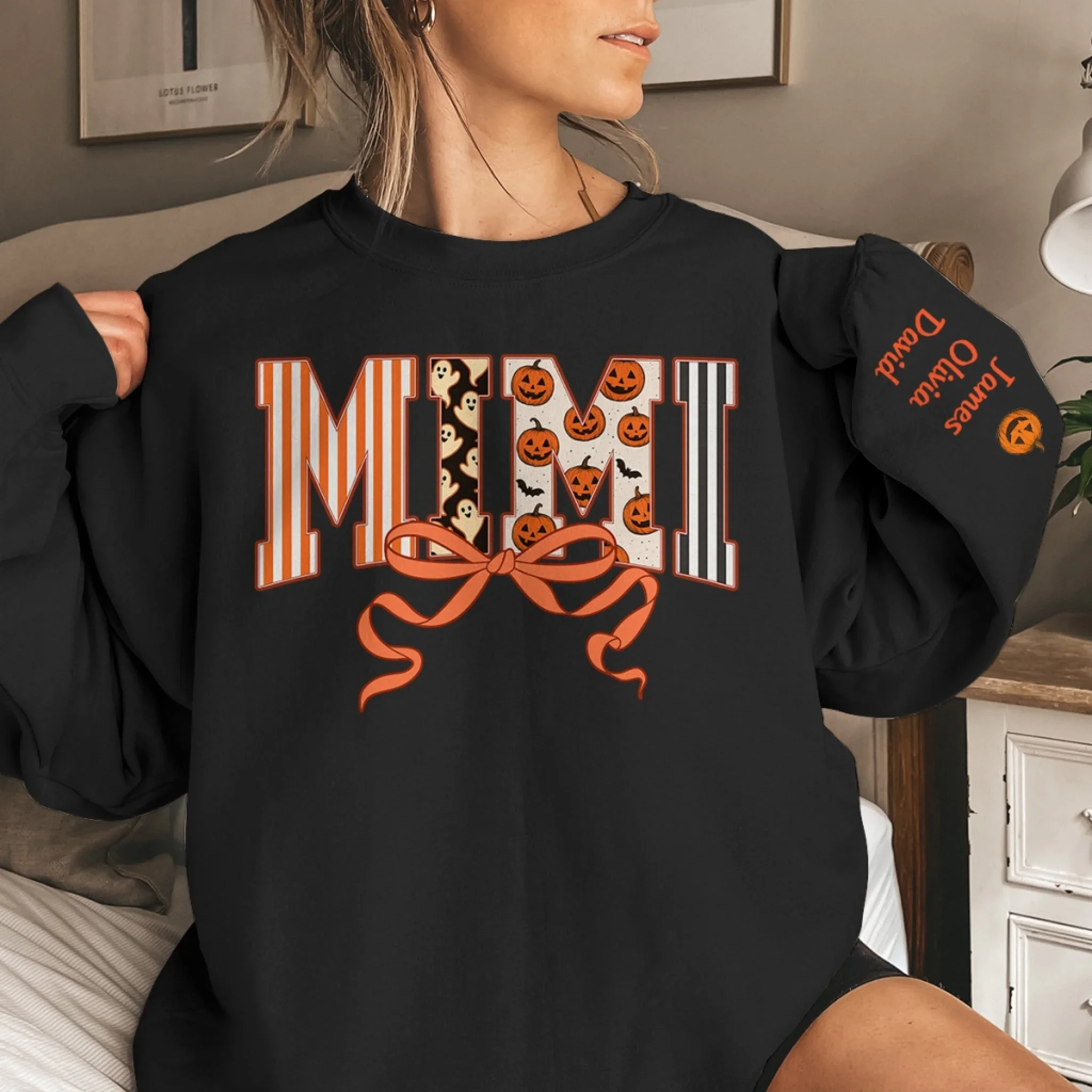 Custom Unisex Sweatshirt, Hoodie With Design On Sleeve - Personalized Halloween Birthday Gifts For Mom, Grandma - Spooky Nights With Family Light - Image 5