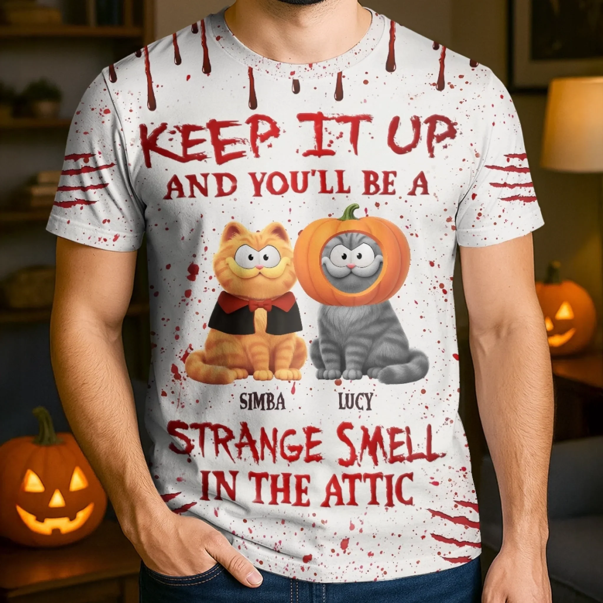 Custom Unisex T-shirt - Personalized Halloween  Birthday Gifts For Cat Lovers, Cat Mom And Dad - Blood Stains, Fur Stains - Image 3
