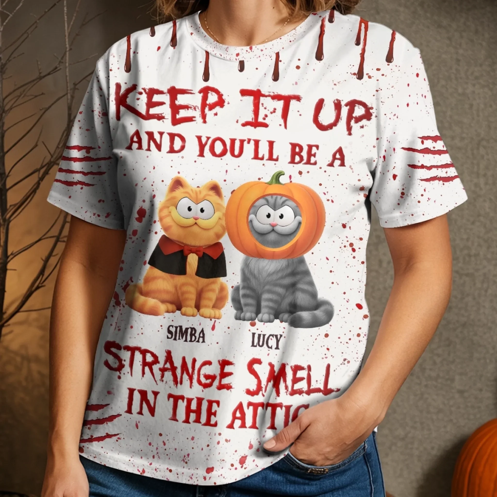 Custom Unisex T-shirt - Personalized Halloween  Birthday Gifts For Cat Lovers, Cat Mom And Dad - Blood Stains, Fur Stains - Image 4