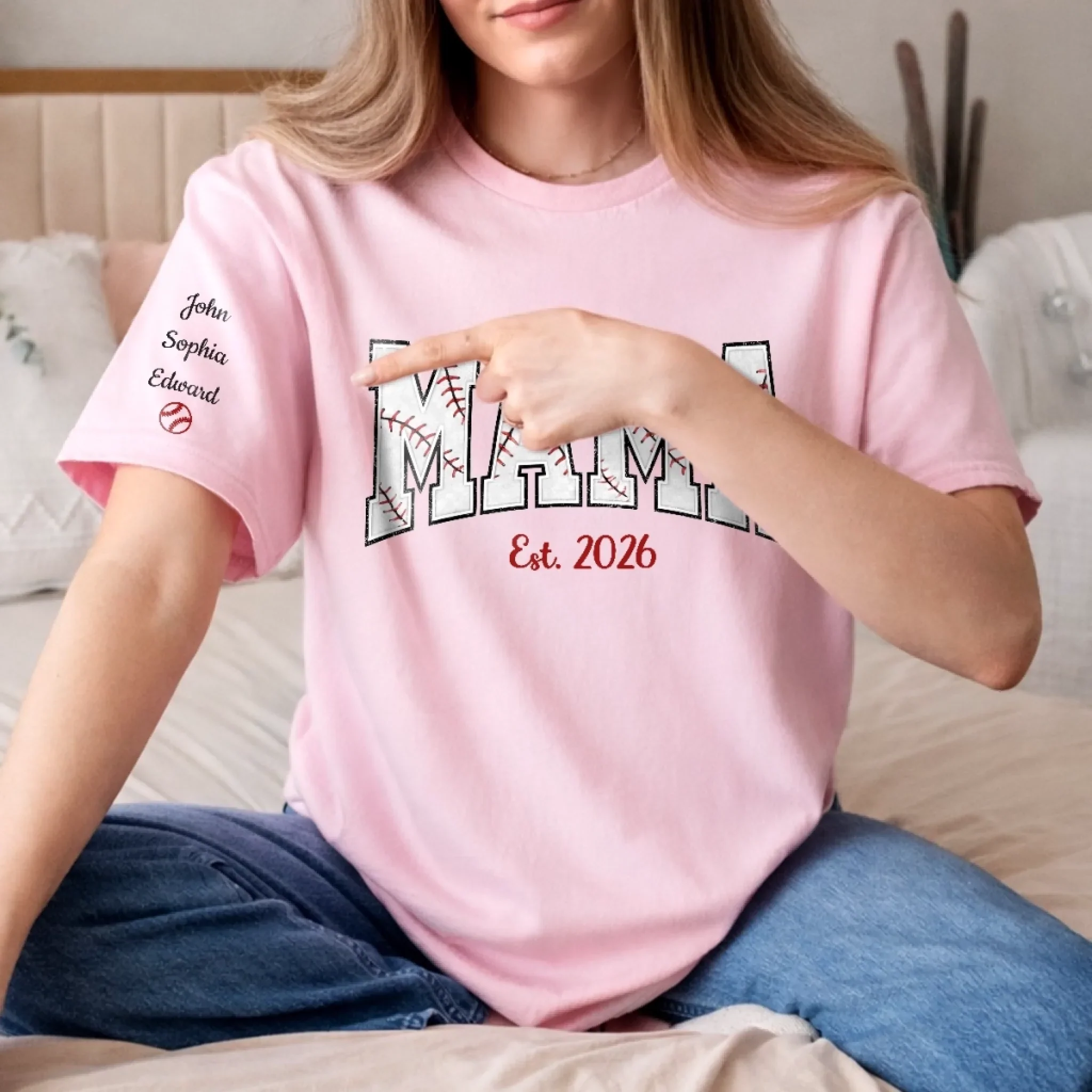 Custom Unisex T-Shirt With Design On Sleeve - Personalized Mother's Day Birthday Gifts For Mom, Grandma - Baseball Mama Mode On - Image 3