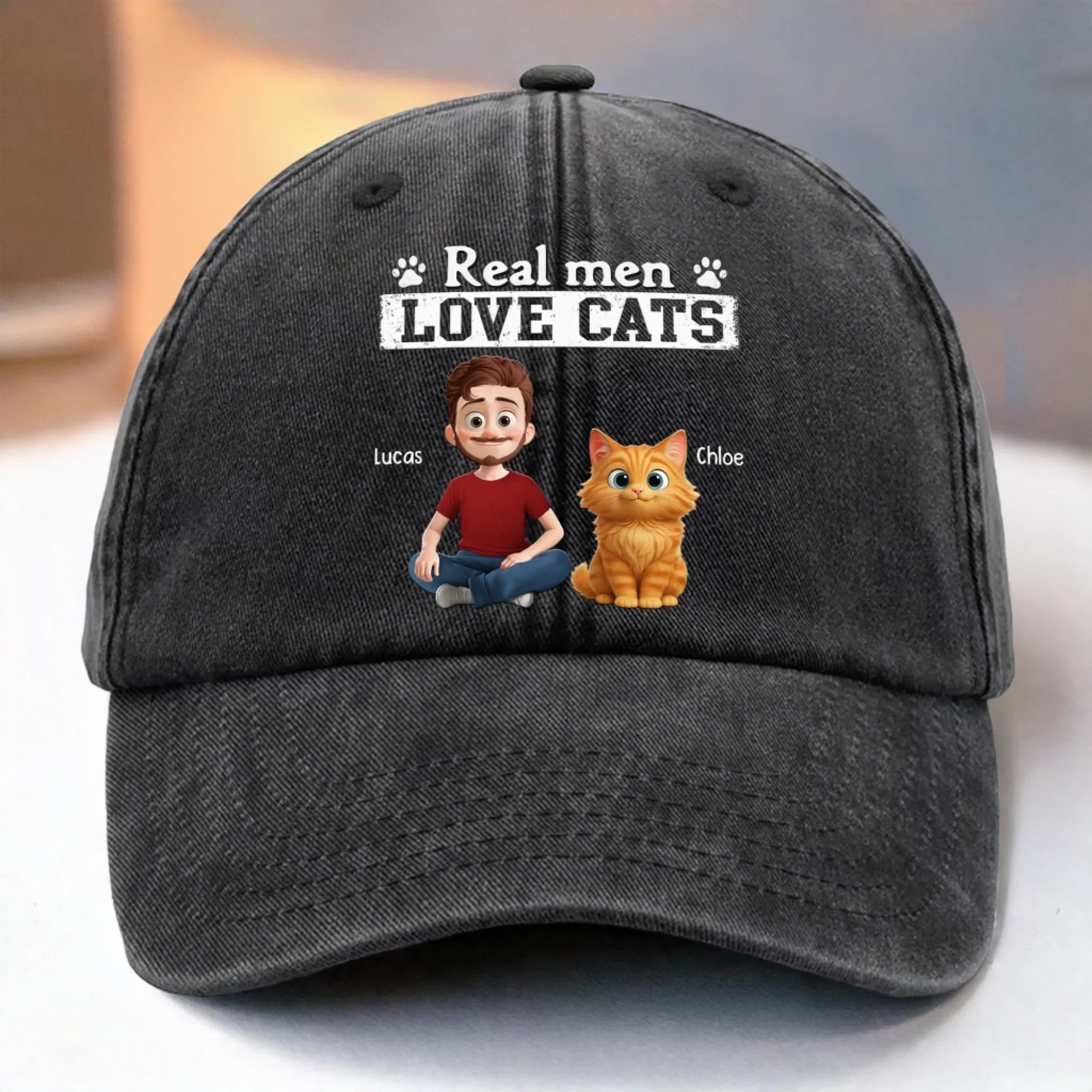 Custom Vintage Washed Denim Baseball Cap - Personalized Birthday Gifts For Cat Lovers, Cat Mom And Dad - Cool Guys Love Kitties