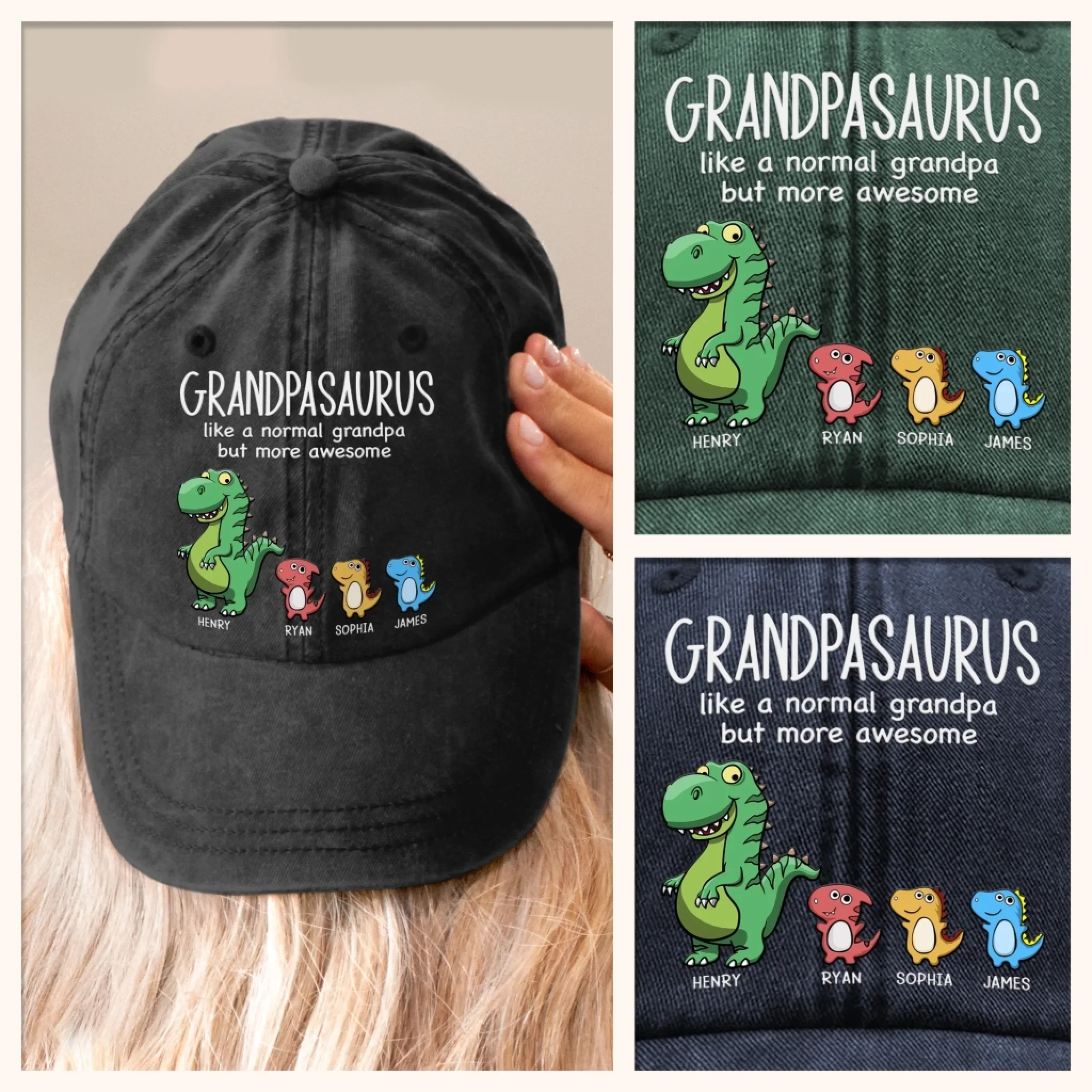 Custom Vintage Washed Denim Baseball Cap - Personalized Birthday Gifts For Dad, Grandpa - Grandpasaurus Rules The Roost - Image 8