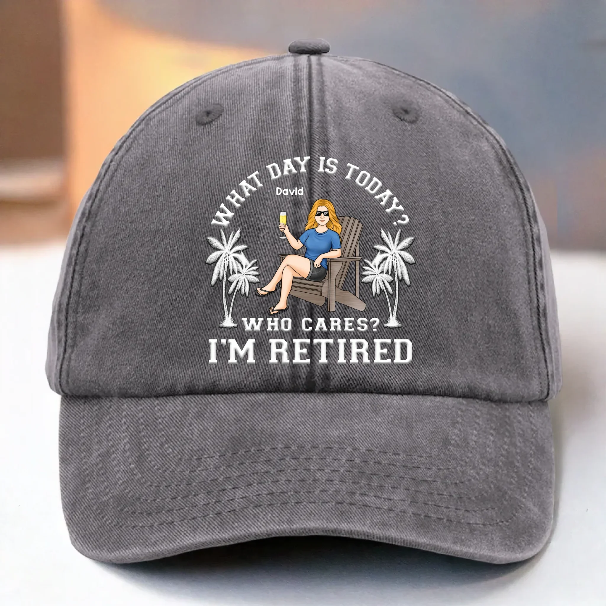 Custom Vintage Washed Denim Baseball Cap US - Personalized Retirement Gifts For Women, Men - Living On Vacation Mode - Image 3
