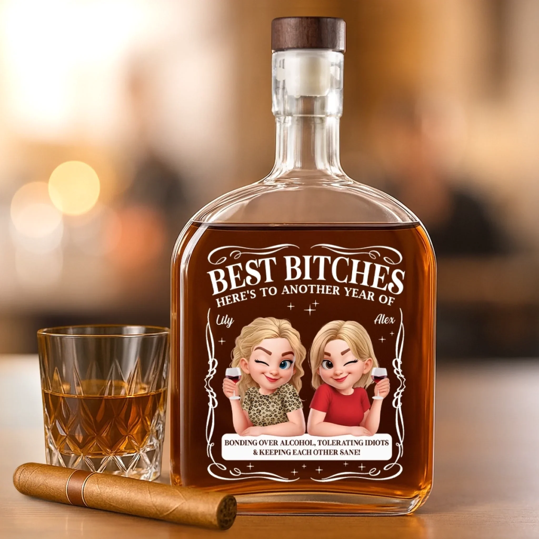 Custom Whiskey Bottle - Personalized Best Friend Birthday Gifts For Women, Besties, Sisters, BFF - Thriving On Chaos Together - Image 3