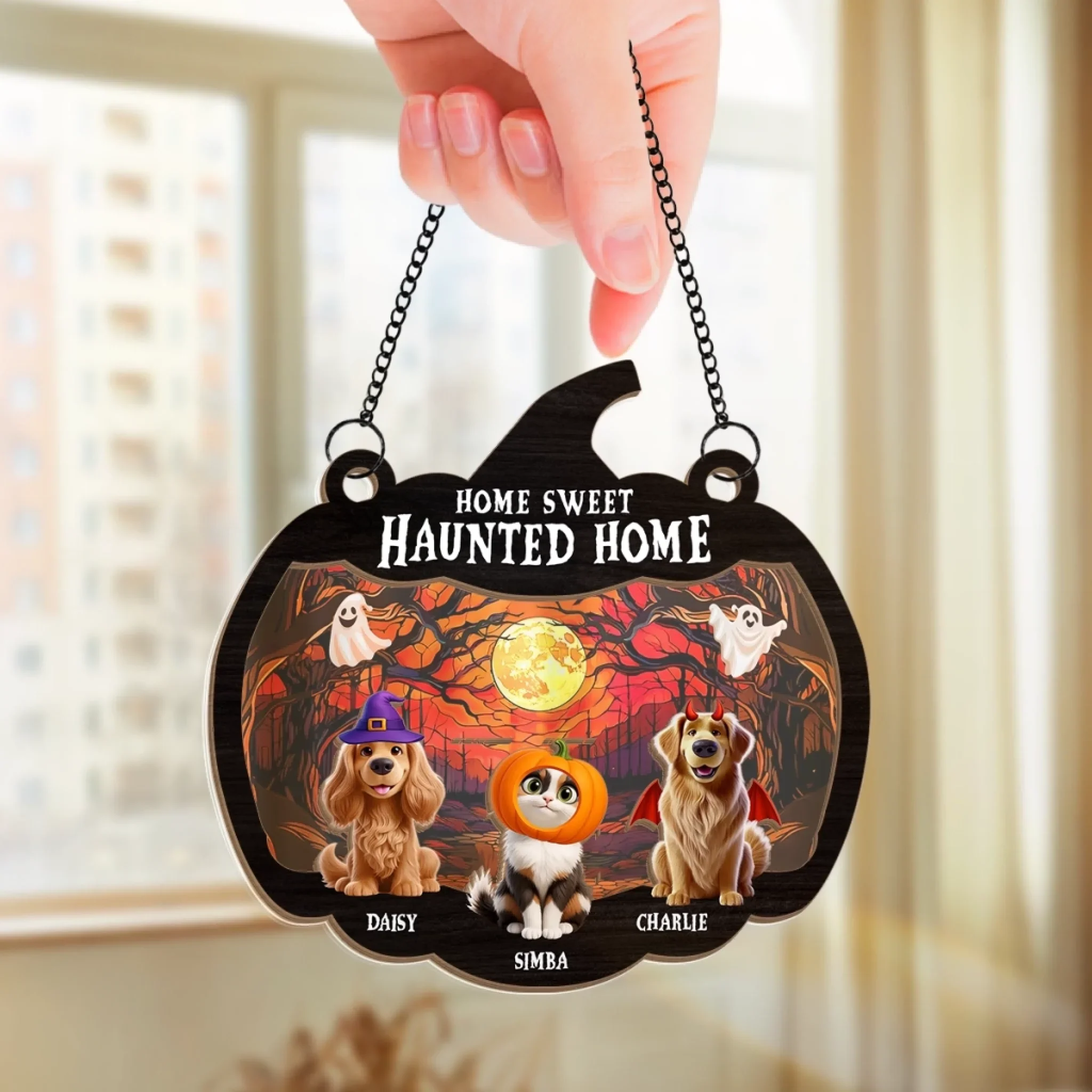Custom Window Hanging Suncatcher Ornament - Personalized Halloween Birthday Gifts For Dog Cat Lovers, Dog Dad And Mom, Cat Owners - Welcome To Our Spooky Squad - Image 3