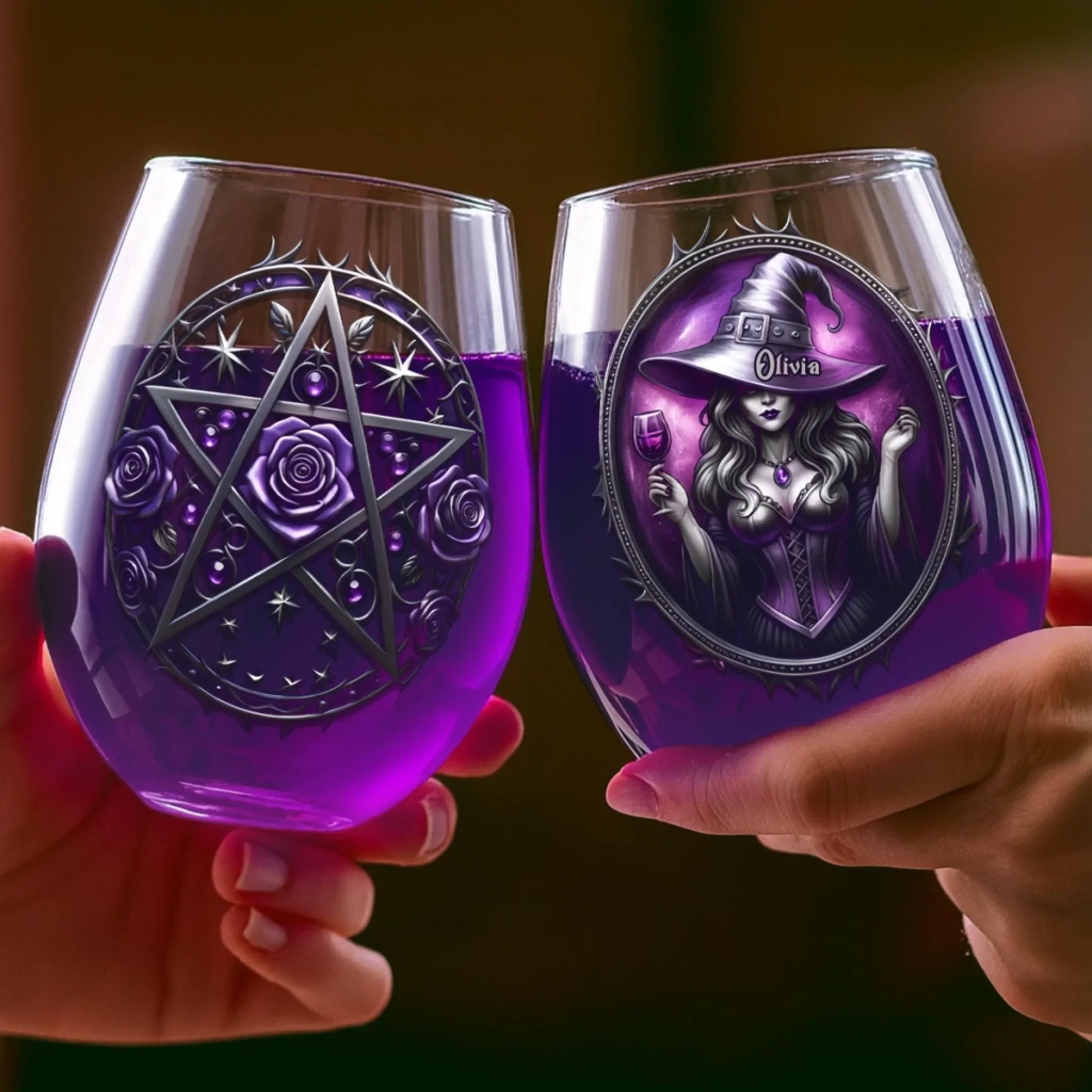 Custom Wine Glass - Personalized Halloween Witchy  Gifts For Women, Besties, Sisters, BFF - Witching You Were Here - Image 3