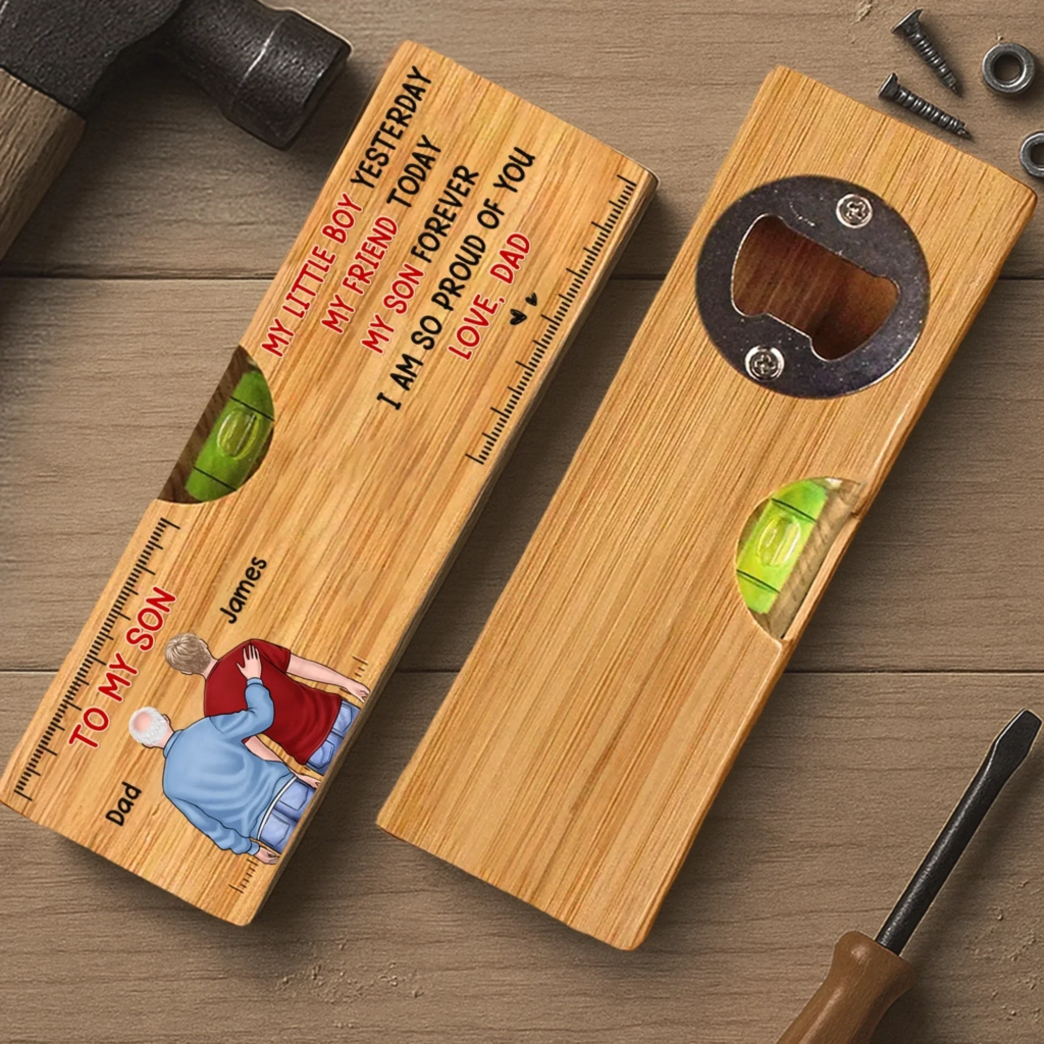 Custom Wooden Bottle Opener With Built-in Spirit Level - Personalized Birthday Gifts For Mom, Dad, Son - My Little Boy - Image 4