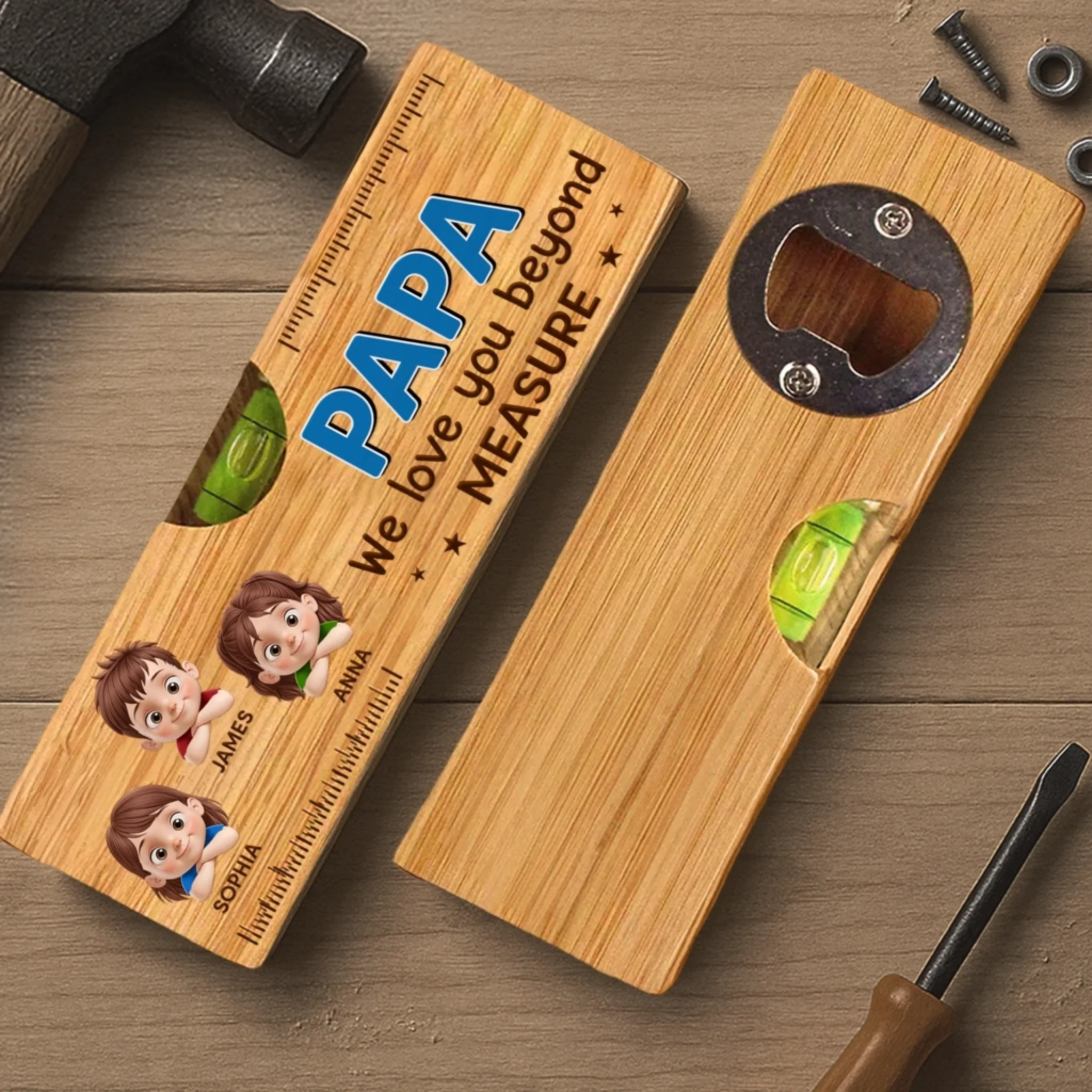 Custom Wooden Bottle Opener With Built-in Spirit Level - Personalized Father's Day Birthday Gifts For Dad, Grandpa - Dad Always Leads The Way - Image 3