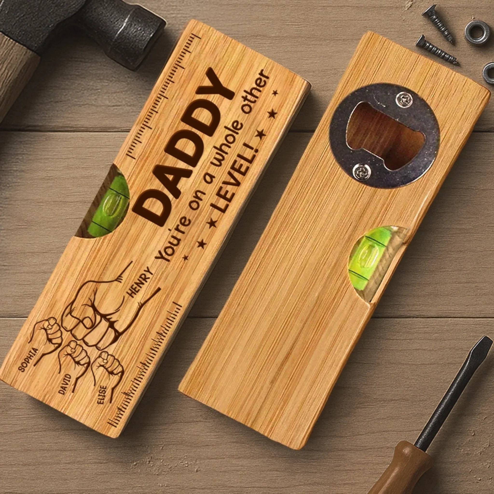 Custom Wooden Bottle Opener With Built-in Spirit Level - Personalized Father's Day Birthday Gifts For Dad, Grandpa - Dad Level Always Perfect - Image 3