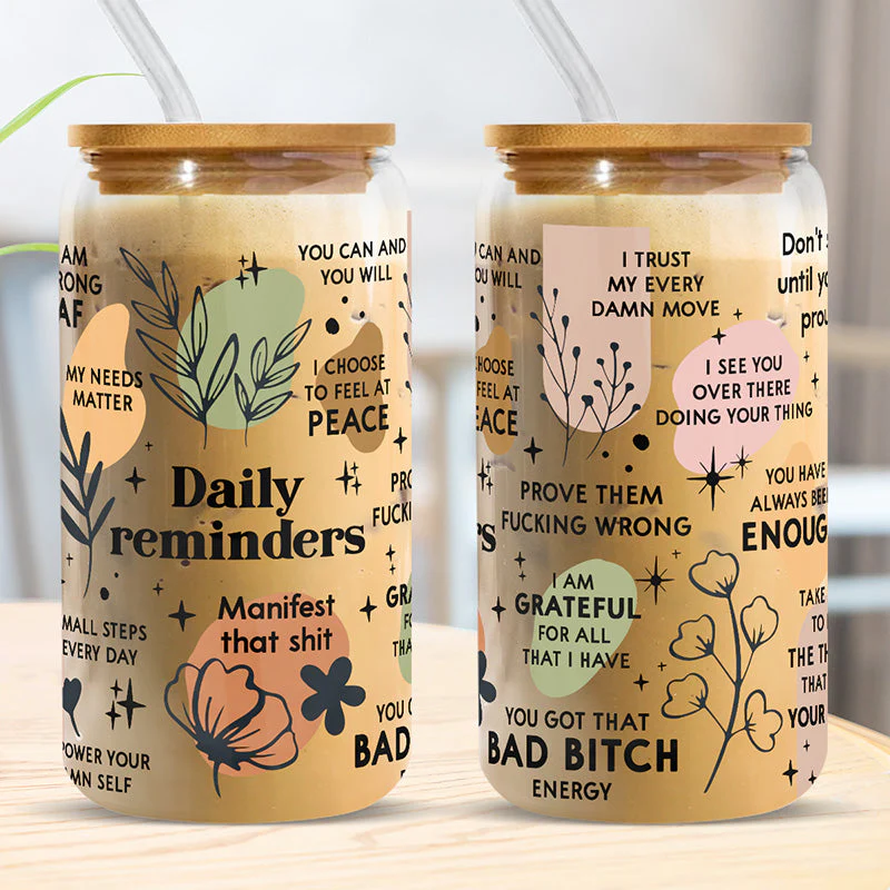 Daily Reminders - Personalized Custom Glass Cup, Iced Coffee Cup - Birthday Gift, Gift For Yourself - Image 2