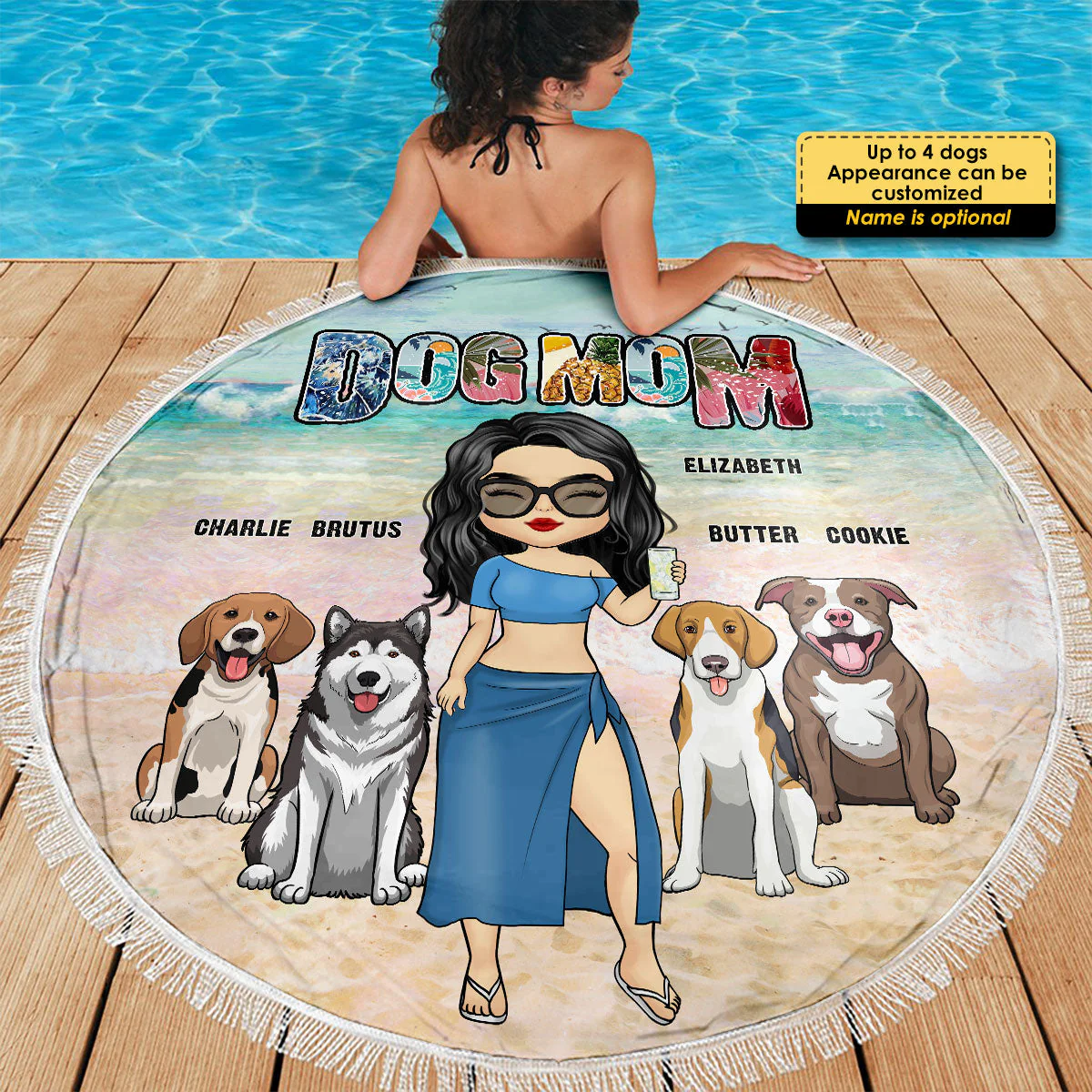Dog Mom It's Beach Time - Gift For Dog Mom, Personalized Round Beach Towel - Image 4