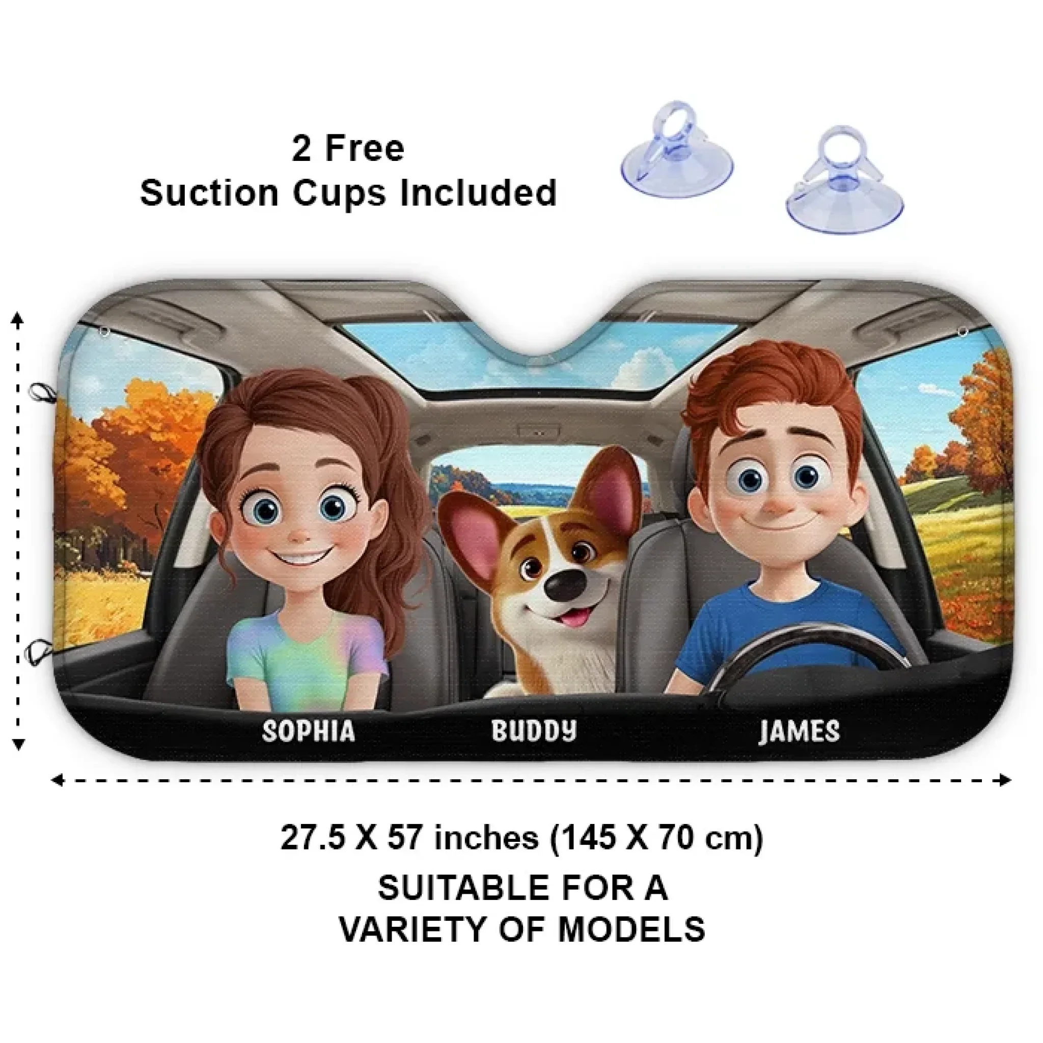 Family Rides And Puppy Vibes - Dog & Cat Personalized Custom Auto Windshield Sunshade, Car Window Protector - Gift For Couple, Anniversary, Pet Owners, Pet Lovers - Image 3