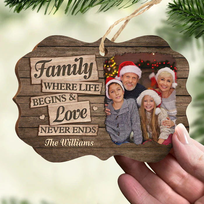Family Where Love Never Ends - Personalized Custom Benelux Shaped Wood Photo Christmas Ornament - Upload Image, Gift For Family, Christmas Gift - Image 3
