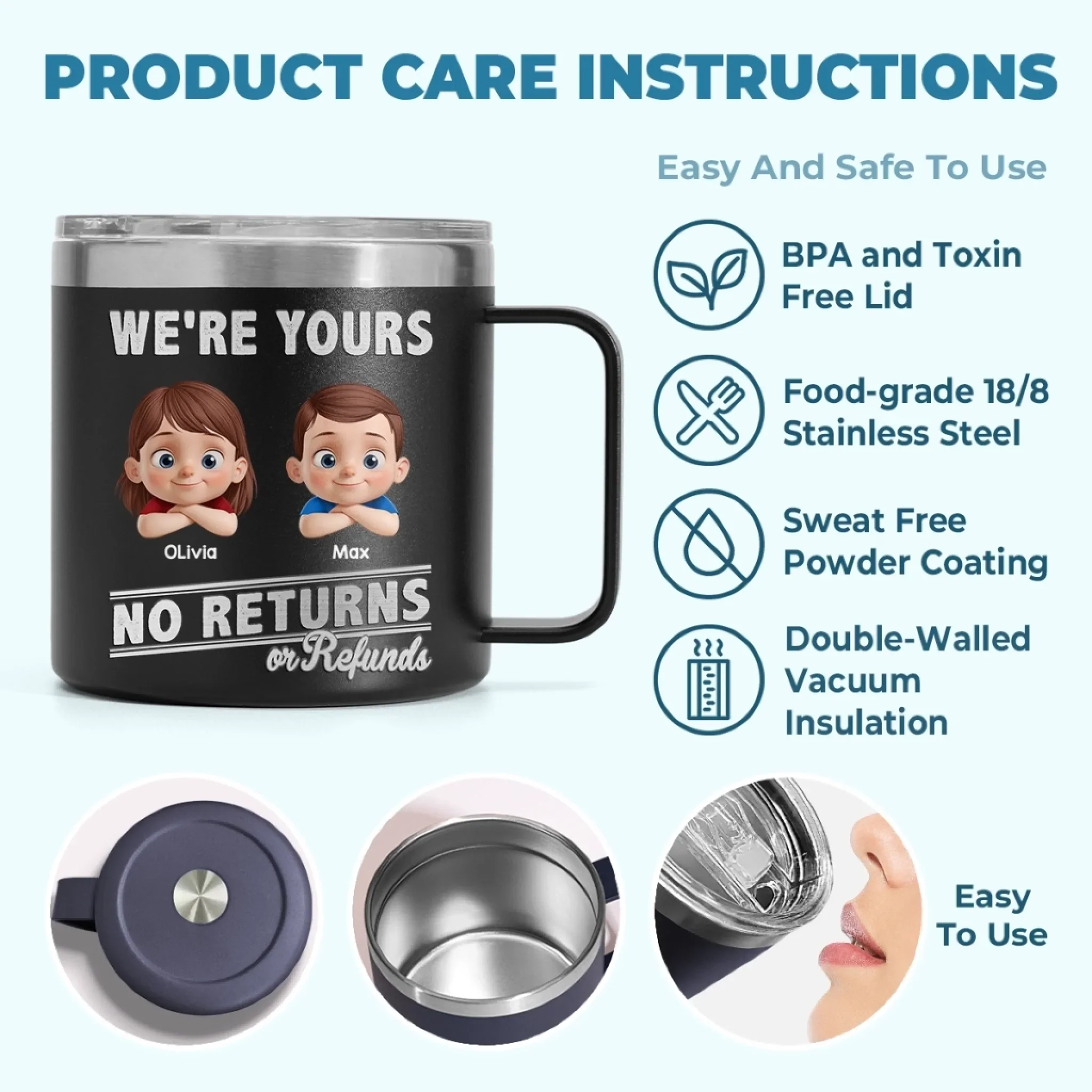 Fatherhood, No Return Policy Since Day One - Family Personalized Custom 14oz Stainless Steel Tumbler With Handle - Father's Day, Gift For Dad, Grandpa - Image 9