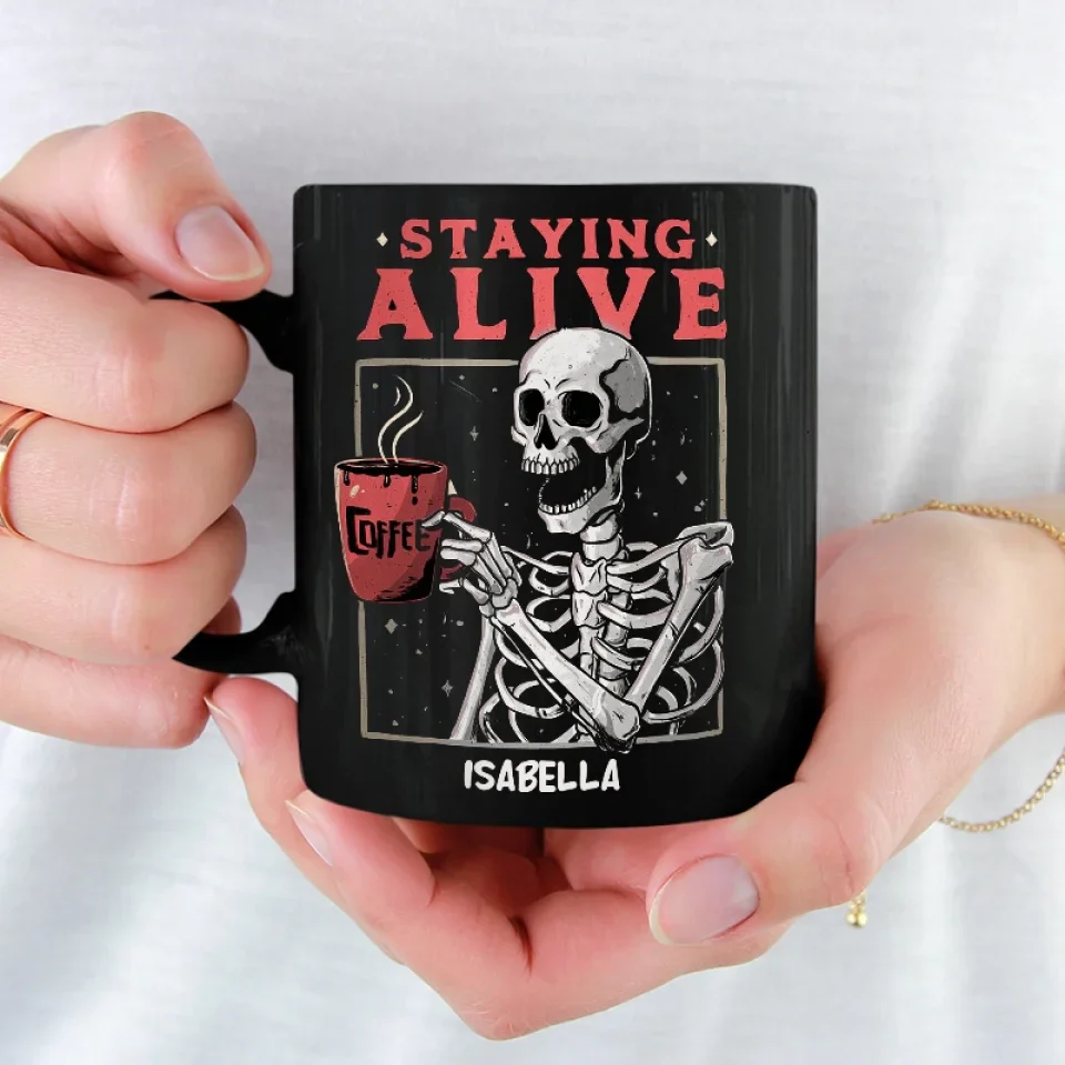 Feeling Fabulous, Down To The Bone - Family Personalized Custom Black Mug - Halloween Gift For Family Members - Image 3