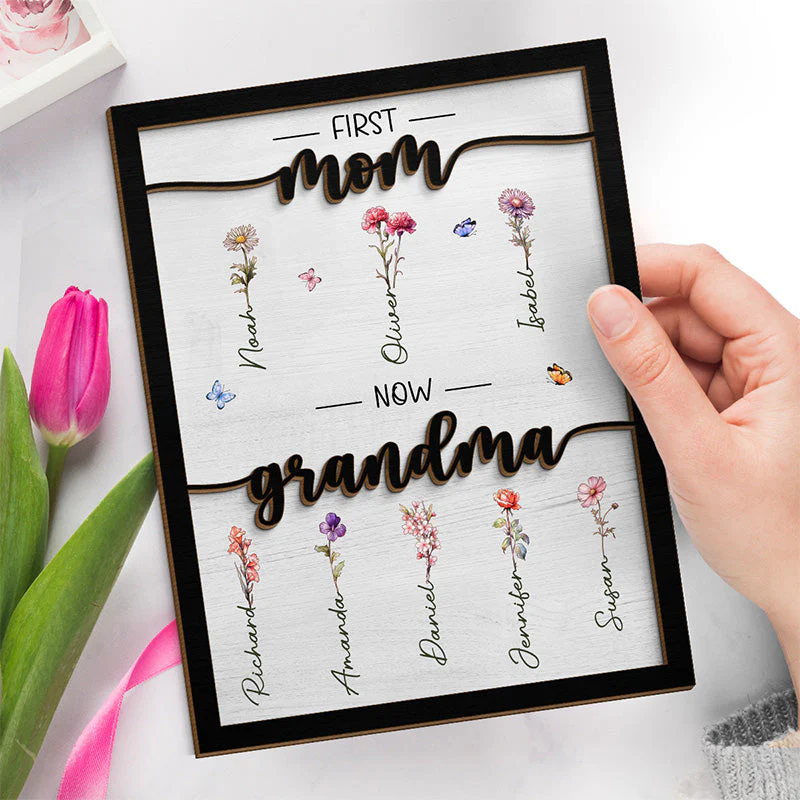 First Mom Now Grandma - Family Personalized Custom 2-Layered Wooden Plaque With Stand - House Warming Gift For Mom, Grandma - Image 2