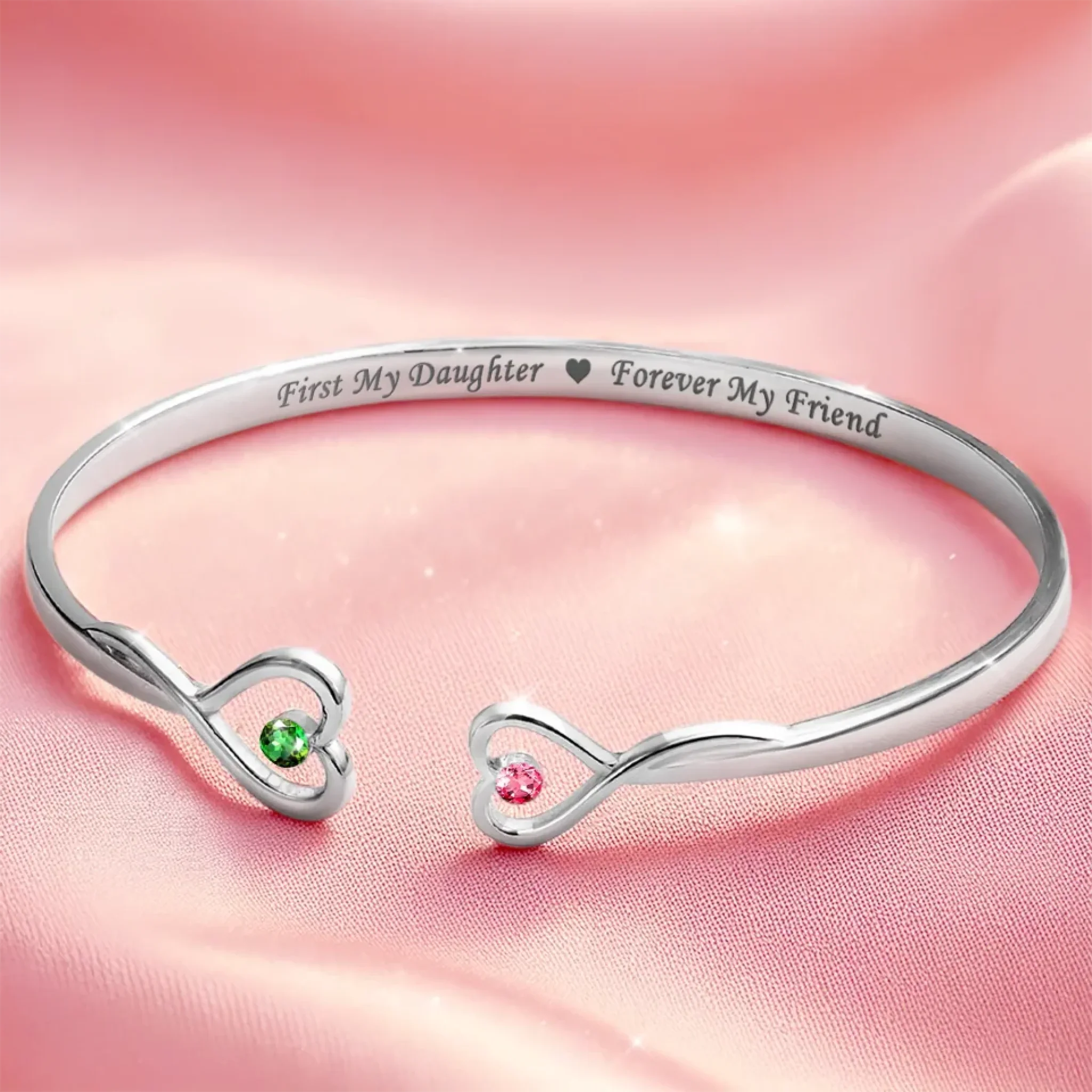 First My Mother, Forever My Friend - Family Personalized Custom Engraved Infinity Heart Bangle With Birthstones - Mother's Day, Gift For Mom, Daughter - Image 3