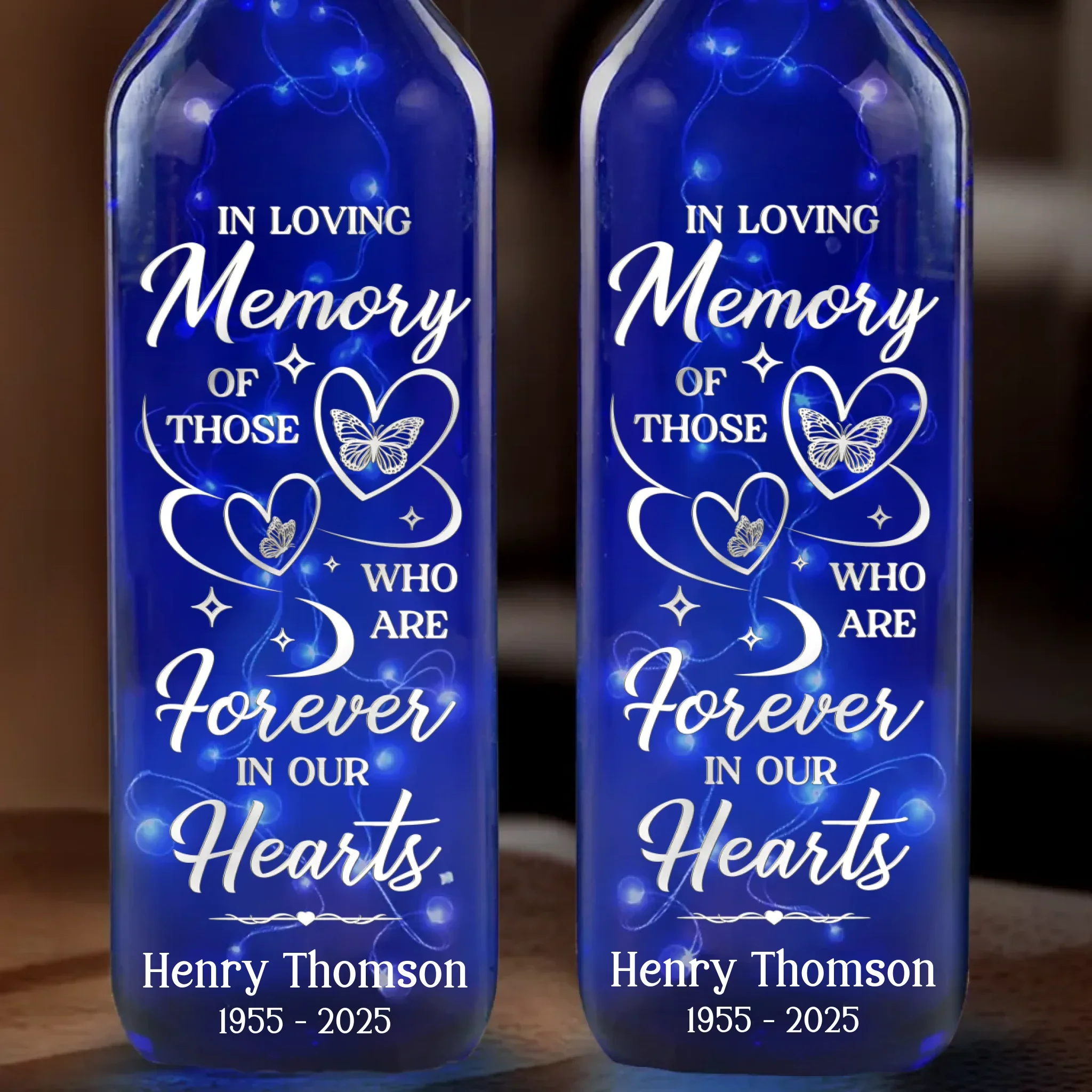 Forever Remembered, Forever Loved - Memorial Personalized Custom Blue Bottle Lamp - Sympathy Gift For Family Members - Image 2