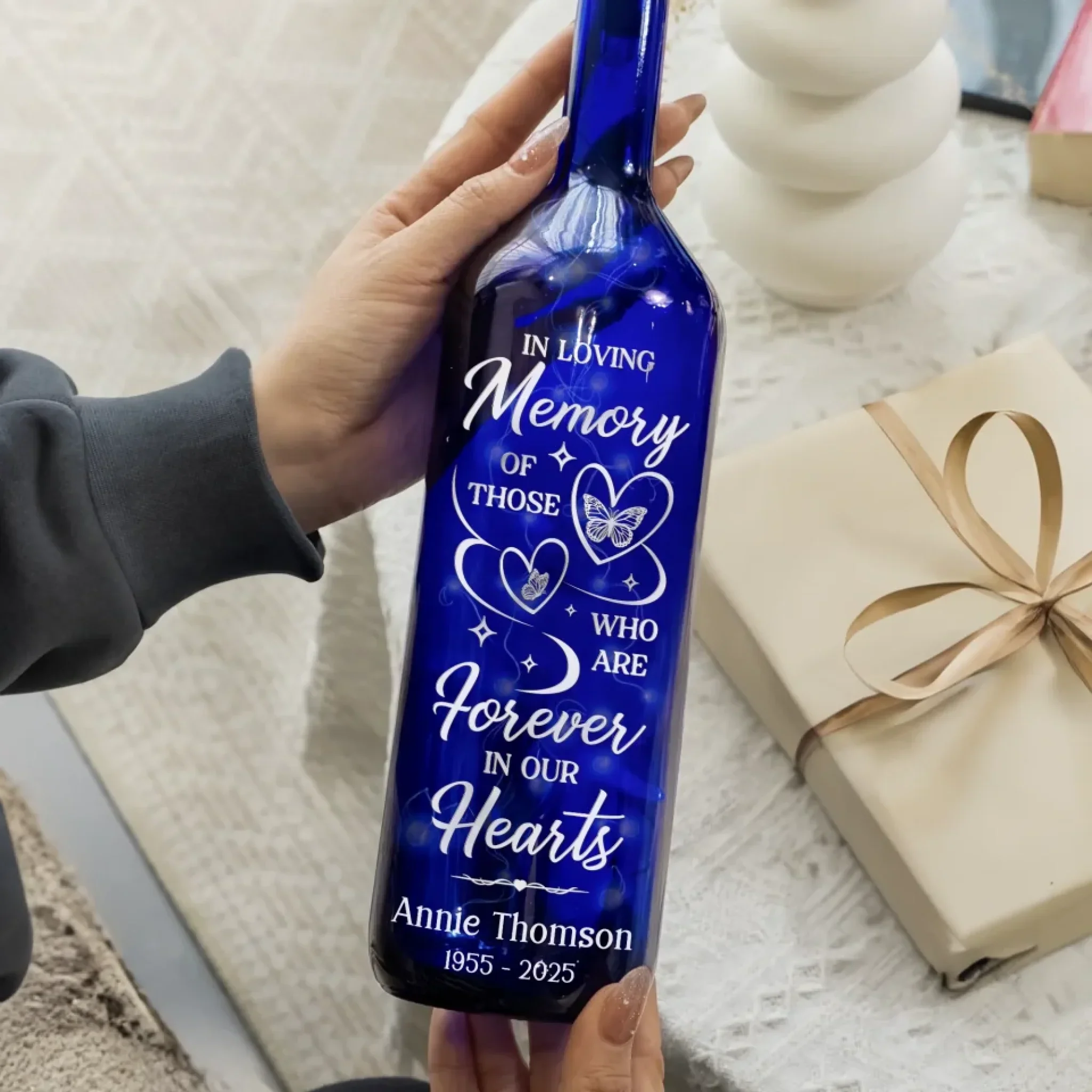 Forever Remembered, Forever Loved - Memorial Personalized Custom Blue Bottle Lamp - Sympathy Gift For Family Members - Image 3