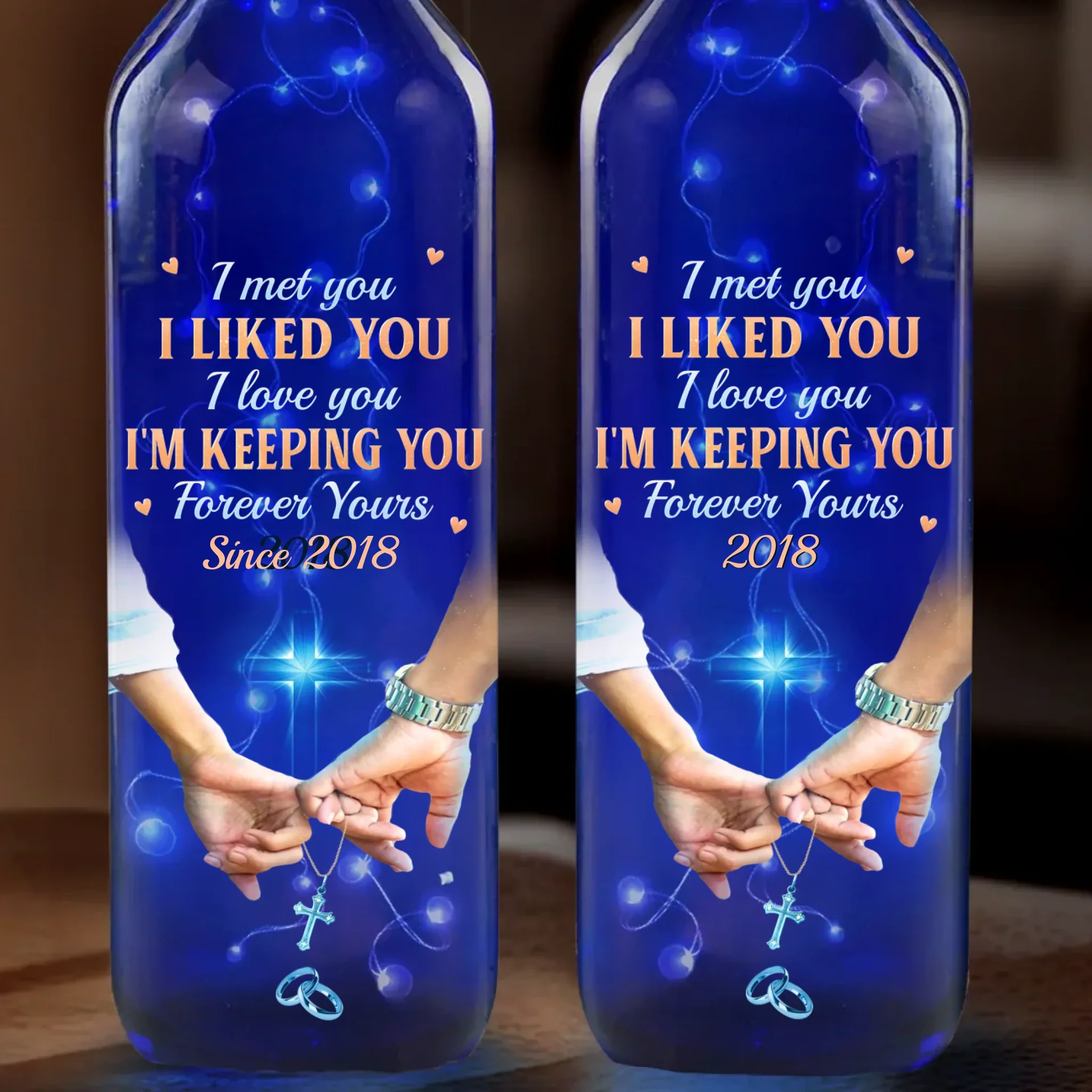 Forever Yours, Since The Day We Met - Couple Personalized Custom Blue Bottle Lamp - Gift For Husband Wife, Anniversary - Image 2