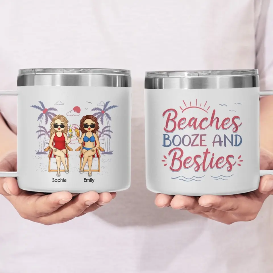 Friends, Sun, And Adorable Moments - Bestie Personalized Custom 14oz Stainless Steel Tumbler With Handle - Summer Vacation Gift For Best Friends, BFF, Sisters - Image 3