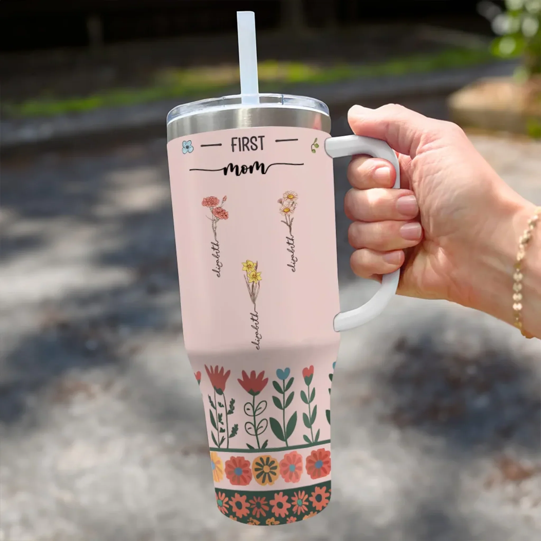 From Her Roots, We Blossom - Family Personalized Custom 40 Oz Stainless Steel Tumbler With Handle - Gift For Mom, Grandma - Image 3