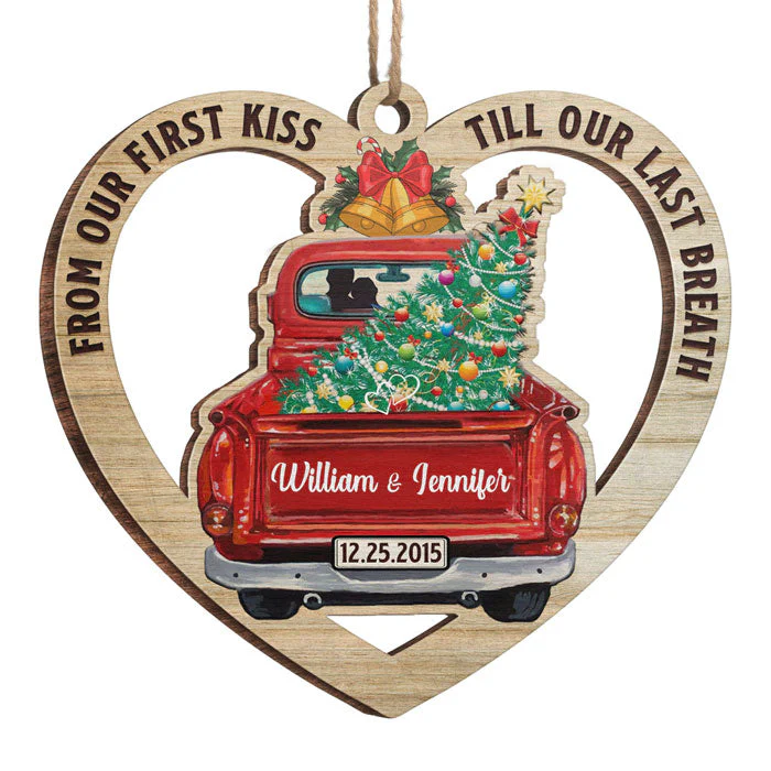 From Our First Kiss Till Our Last - Personalized Custom Heart Shaped Wood Christmas Ornament - Gift For Couple, Husband Wife, Anniversary, Engagement, Wedding, Marriage Gift, Christmas Gift - Image 2