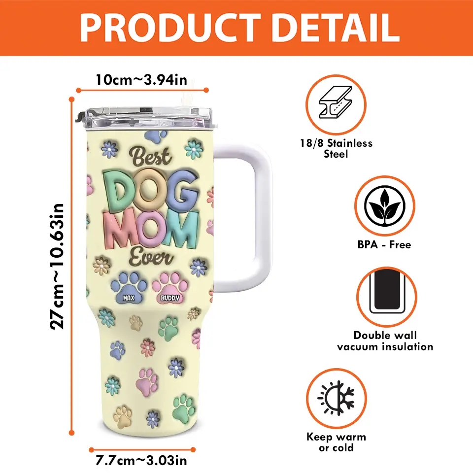Fur Friends, Endless Affection - Dog & Cat Personalized Custom 3D Inflated Effect Printed 40 Oz Stainless Steel Tumbler With Handle - Gift For Pet Owners, Pet Lovers - Image 4