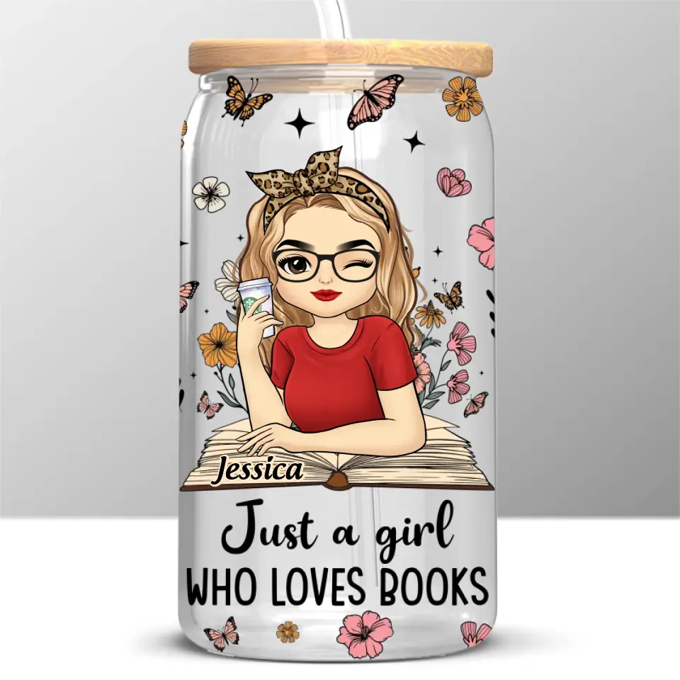 Girl Lost In The World Of Words And Pages - Personalized Custom Glass Cup, Iced Coffee Cup - Gift For Book Lovers - Image 2