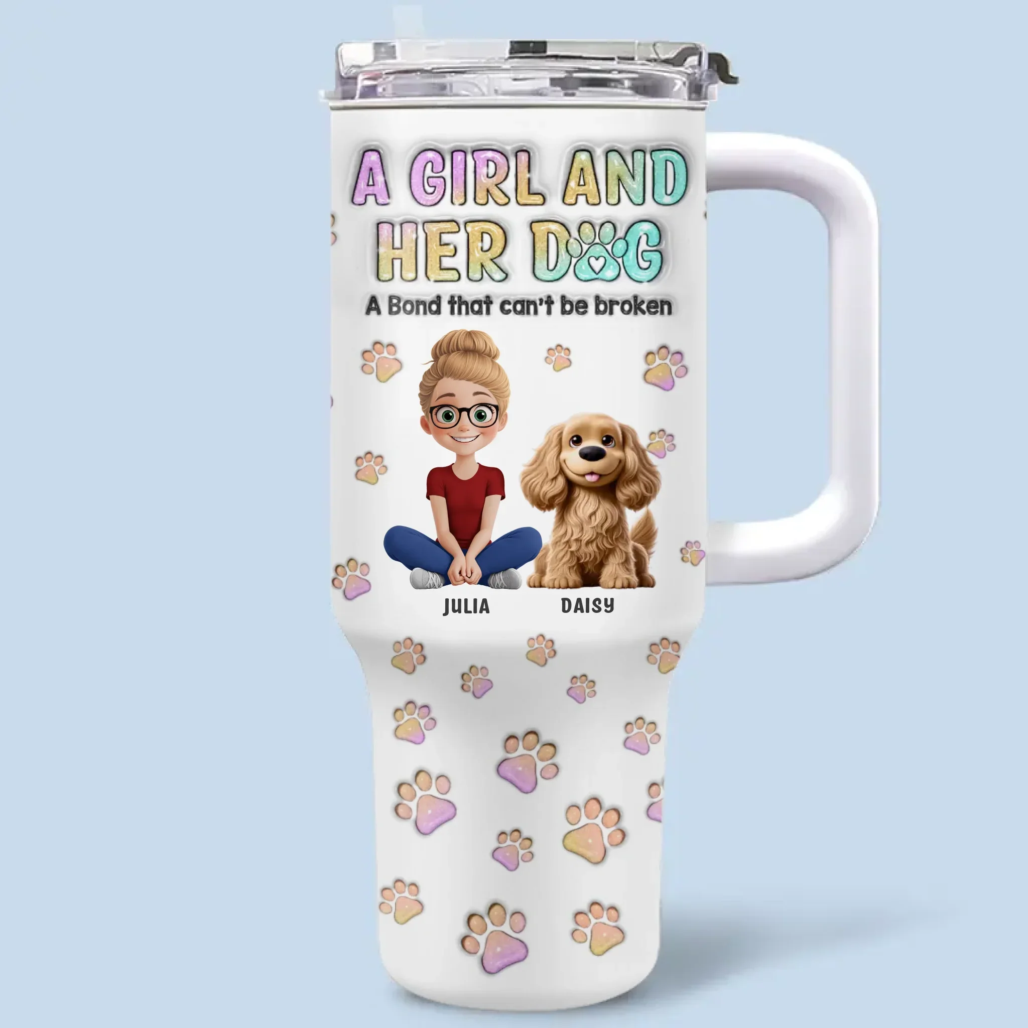 Girl’s Best Friend, Furry And True - Dog Personalized Custom 3D Inflated Effect Printed 40 Oz Stainless Steel Tumbler With Handle - Gift For Pet Owners, Pet Lovers - Image 2