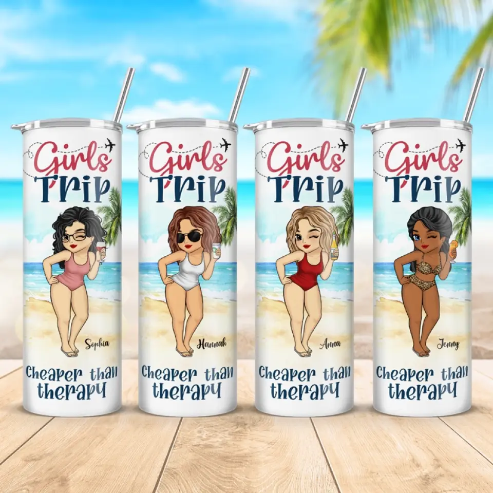 Girls Trip Cheaper Than Therapy - Bestie Personalized Custom Skinny Tumbler - Summer Vacation Gift, Birthday Pool Party Gift For Best Friends, BFF, Sisters - Image 3