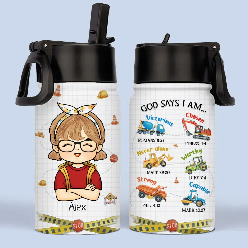 God Says I Am - Personalized Custom Kid Water Bottle - Back To School Gift For Kid, Grandkid - Image 2