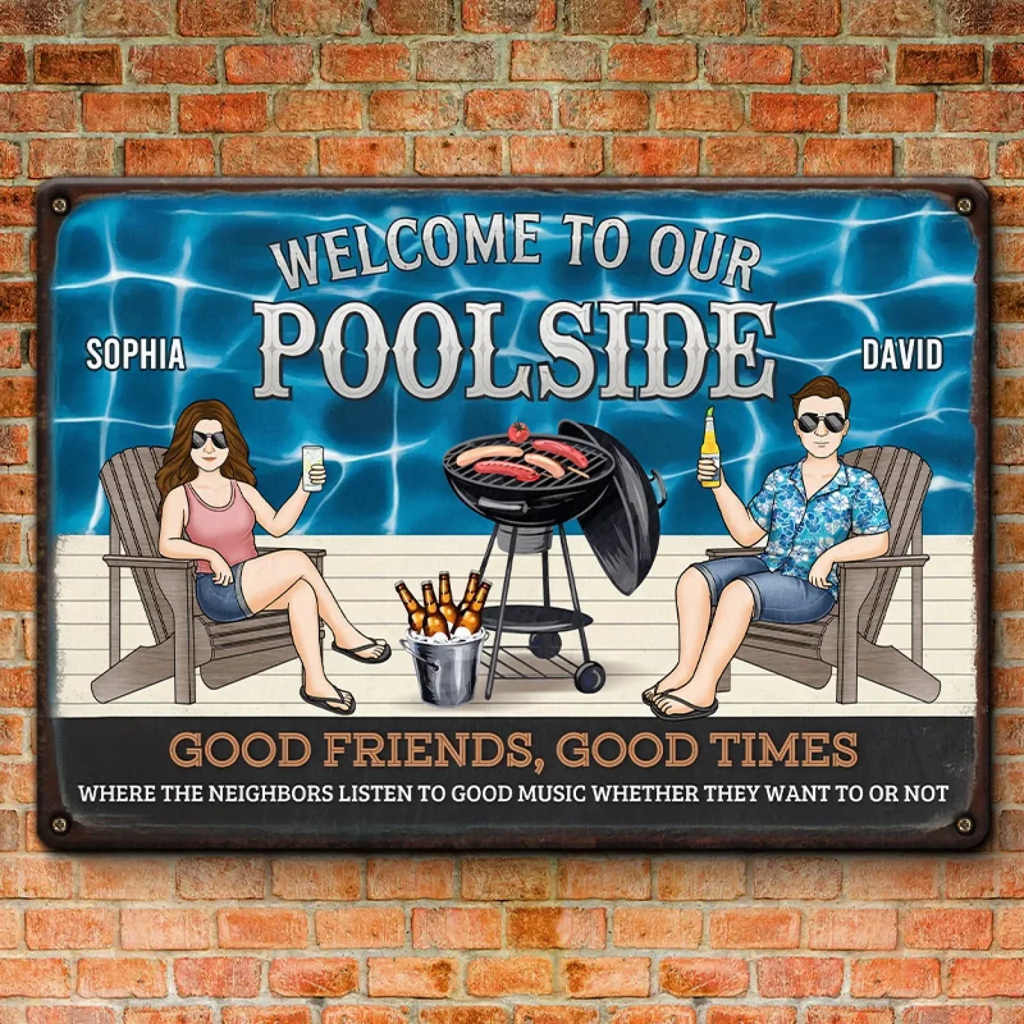Good Times, Poolside Beats - Couple Personalized Custom Home Decor Metal Sign - House Warming Gift For Yourself, Husband Wife, Best Friends, Family Members - Image 3