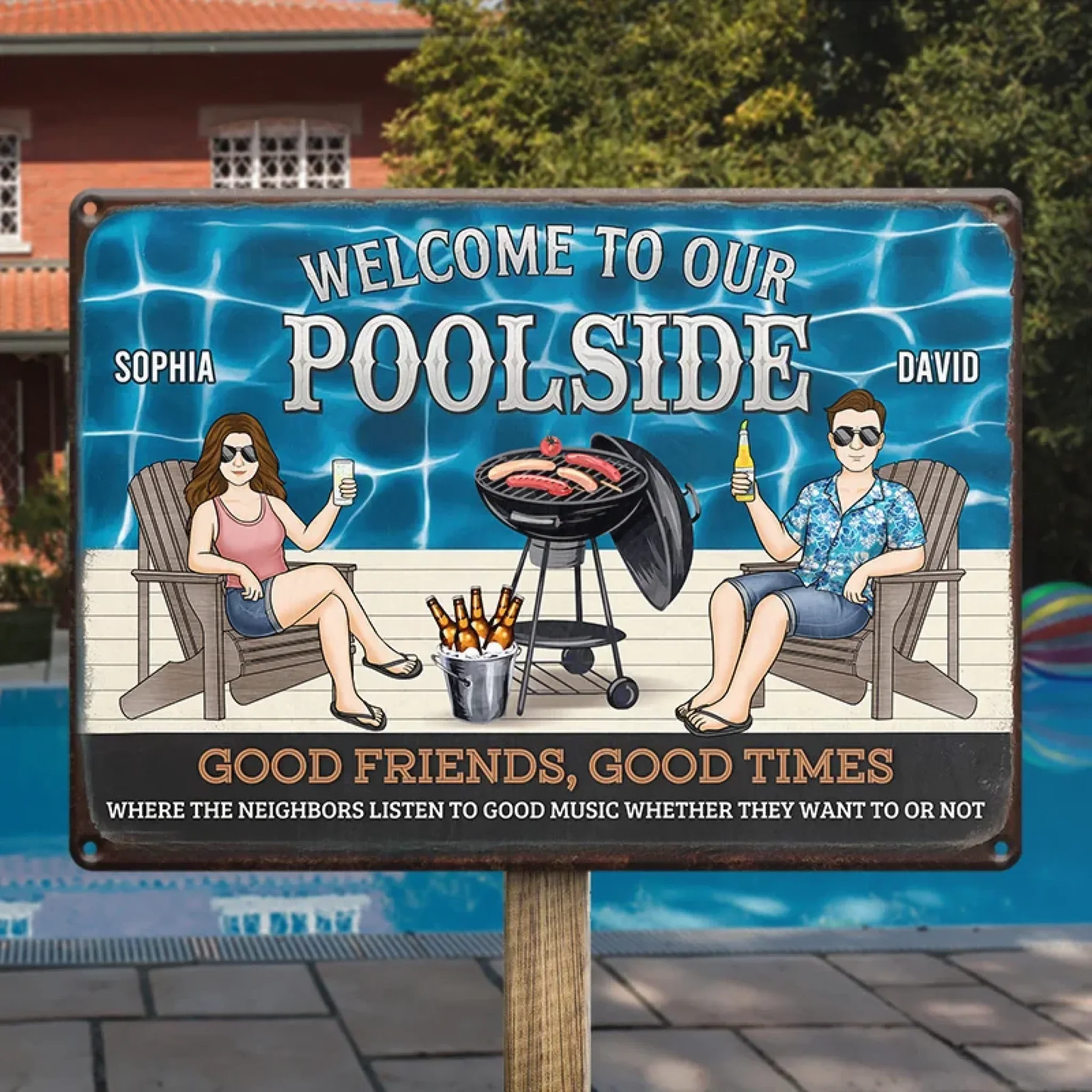 Good Times, Poolside Beats - Couple Personalized Custom Home Decor Metal Sign - House Warming Gift For Yourself, Husband Wife, Best Friends, Family Members - Image 4