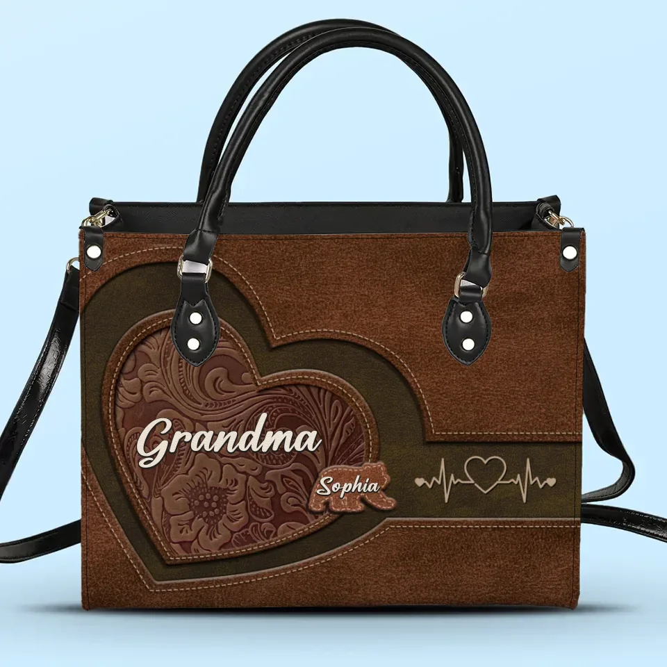 Grandkids Are The Treasures Of My Heart And The Joy Of My Life - Family Personalized Custom Leather Handbag - Gift For Mom, Grandma - Image 2