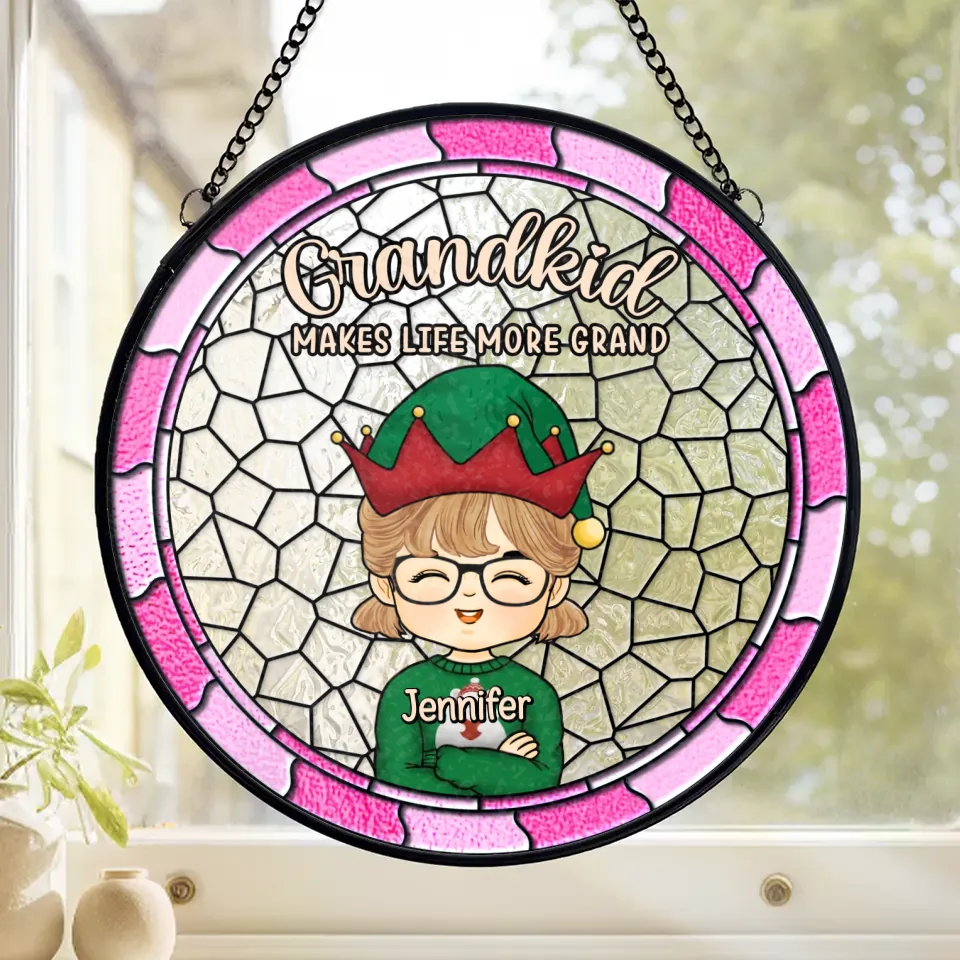 Grandkids Make Life More Grand - Family Personalized Custom Stained Glass Window Hanging Suncatcher - Christmas Gift For Grandma, Grandpa - Image 2