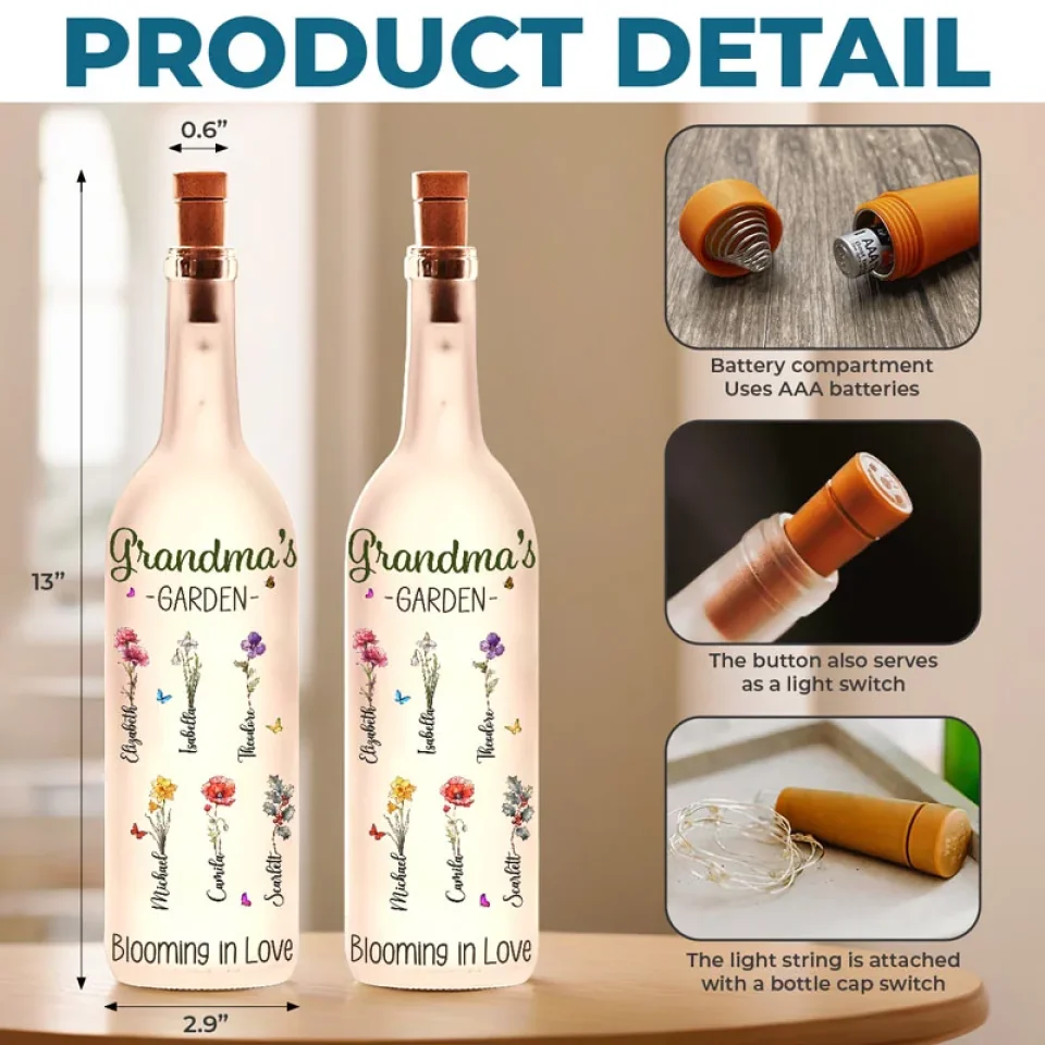 Grandma Plants Wisdom, Mom Nurtures Love And We Bloom - Family Personalized Custom Bottle Lamp - Gift For Mom, Grandma - Image 5