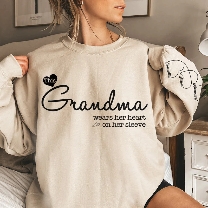 Grandma Wears Her Heart On Her Sleeve - Family Personalized Custom Unisex Sweatshirt With Design On Sleeve - Christmas Gift For Mom, Grandma - Image 2
