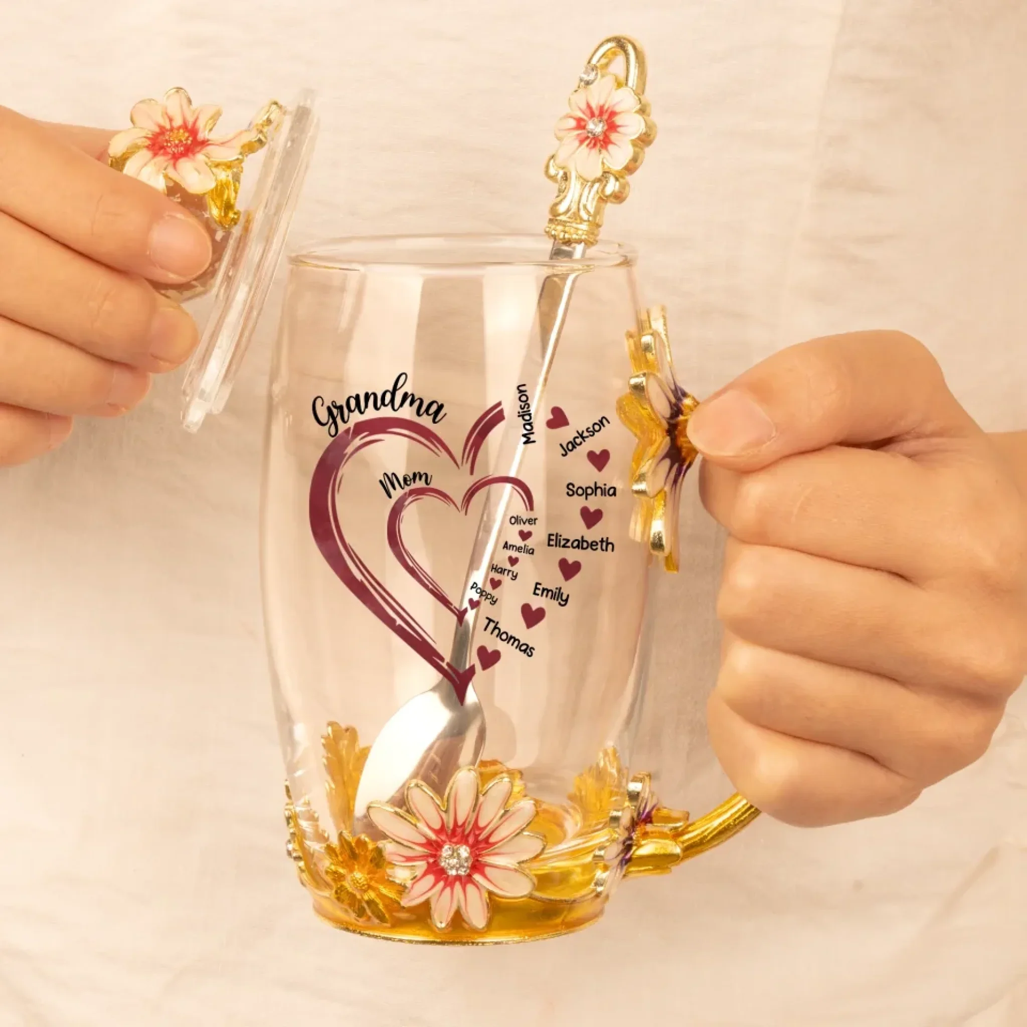 Grandma’s Heart Overflows With Love - Family Personalized Custom Enamel Flower Tea Cup With Lid & Spoon - Mother's Day, Gift For Mom, Grandma - Image 5