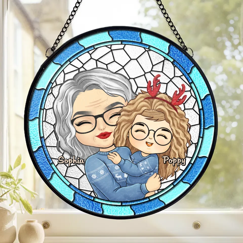 Grandma's Hugs Make Christmas Warm And Bright - Family Personalized Custom Stained Glass Window Hanging Suncatcher - Christmas Gift For Mom, Grandma - Image 2