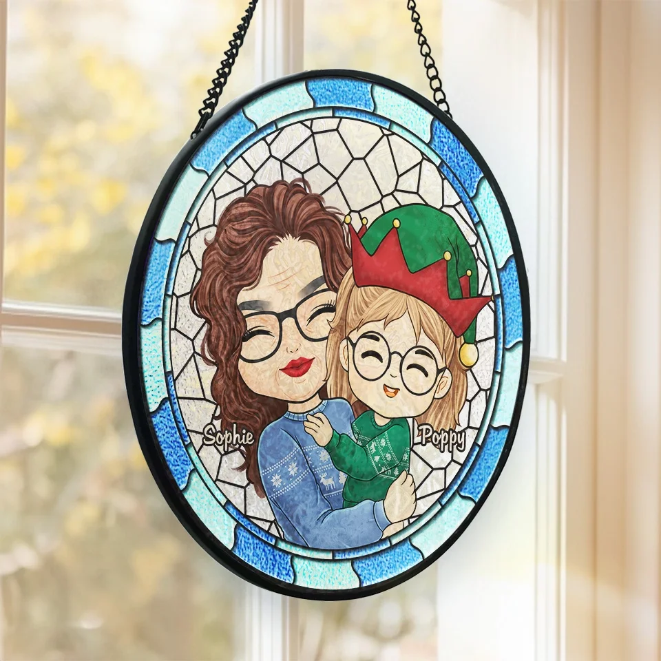 Grandma's Hugs Make Christmas Warm And Bright - Family Personalized Custom Stained Glass Window Hanging Suncatcher - Christmas Gift For Mom, Grandma - Image 3