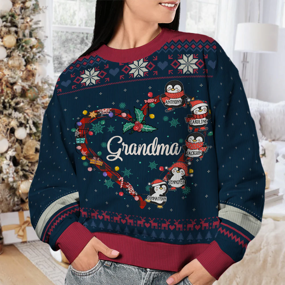 Grandma's Little Penguins Christmas - Family Personalized Custom Ugly Sweatshirt - Unisex Wool Jumper - Christmas Gift For Grandma, Grandparents - Image 4