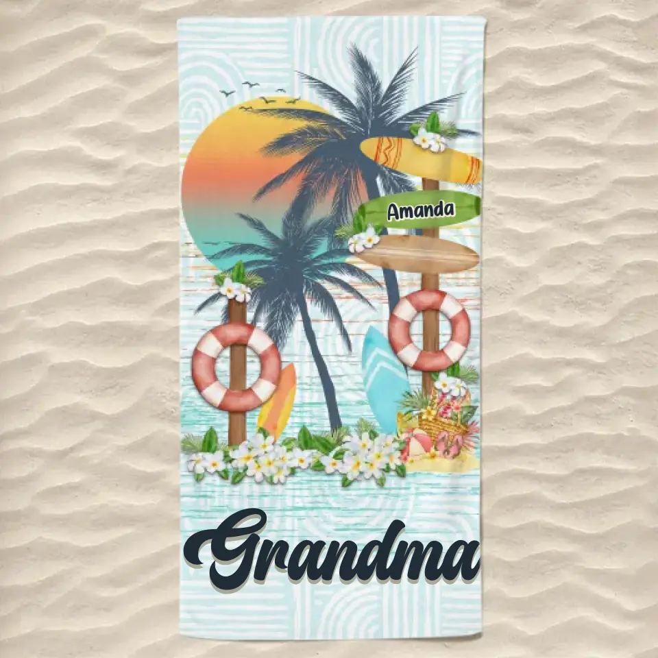 Grandma's Love Knows No Bounds - Family Personalized Custom Beach Towel - Summer Vacation Gift, Birthday Pool Party Gift For Grandma - Image 2