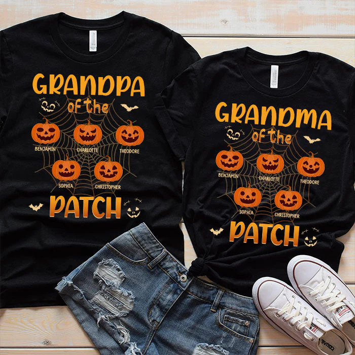 Grandpa & Grandma Of The Patch - Personalized Matching Couple T-Shirt - Gift For Couple, Husband Wife, Grandparents, Halloween Gift - Image 3