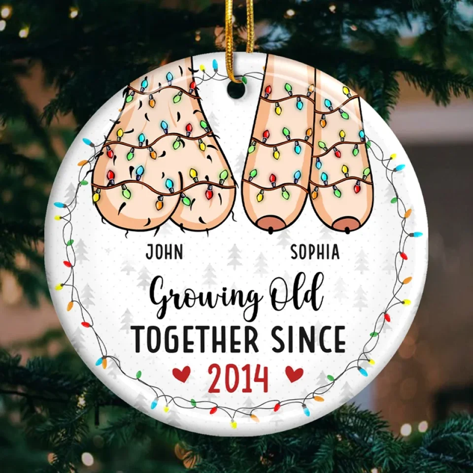 Growing Old Together - Couple Personalized Custom Ornament - Ceramic Round Shaped - Christmas Gift For Husband Wife, Anniversary