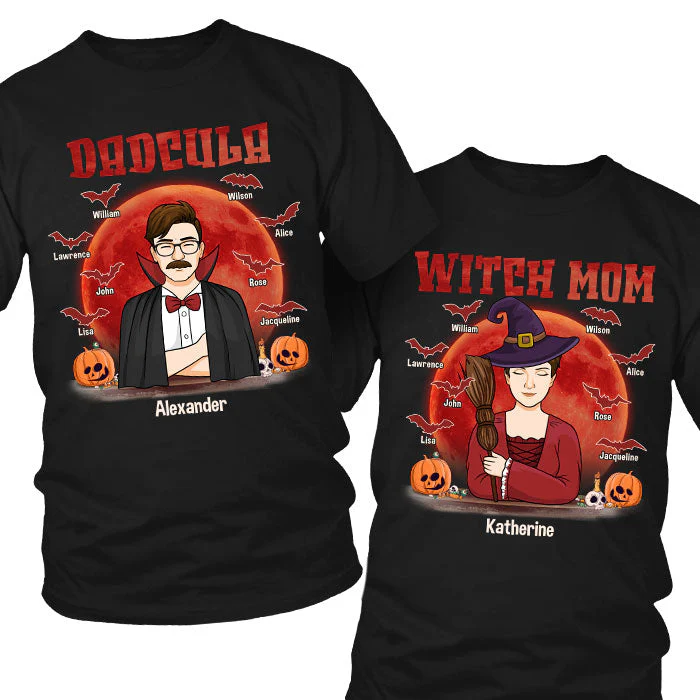 Halloween Dadcula And Witch Mom - Personalized Matching Couple T-Shirt - Gift For Couple, Husband Wife, Parents, Halloween Gift - Image 2