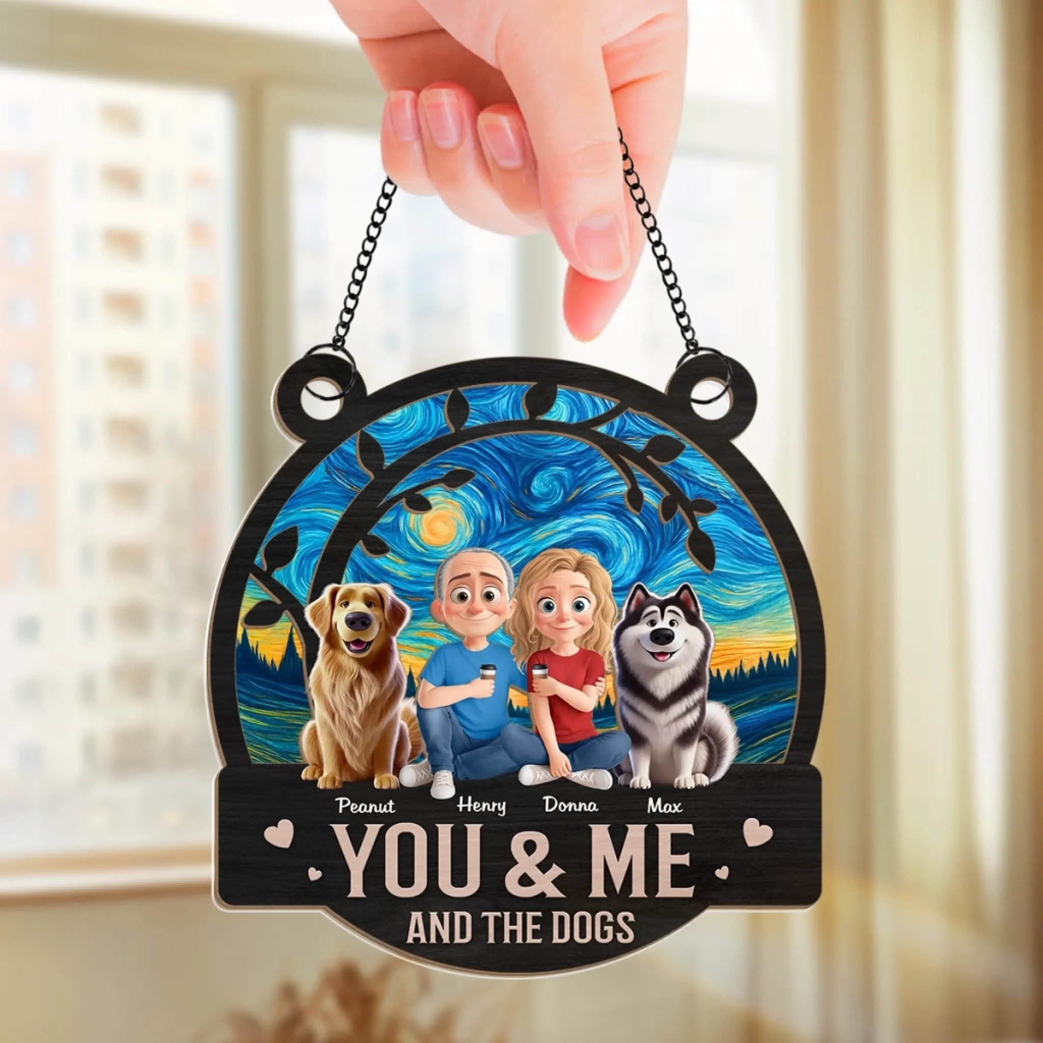 Happiness Is You, Me And The Dog - Couple Personalized Window Hanging Suncatcher - Gift For Husband Wife, Anniversary, Pet Owners, Pet Lovers - Image 3
