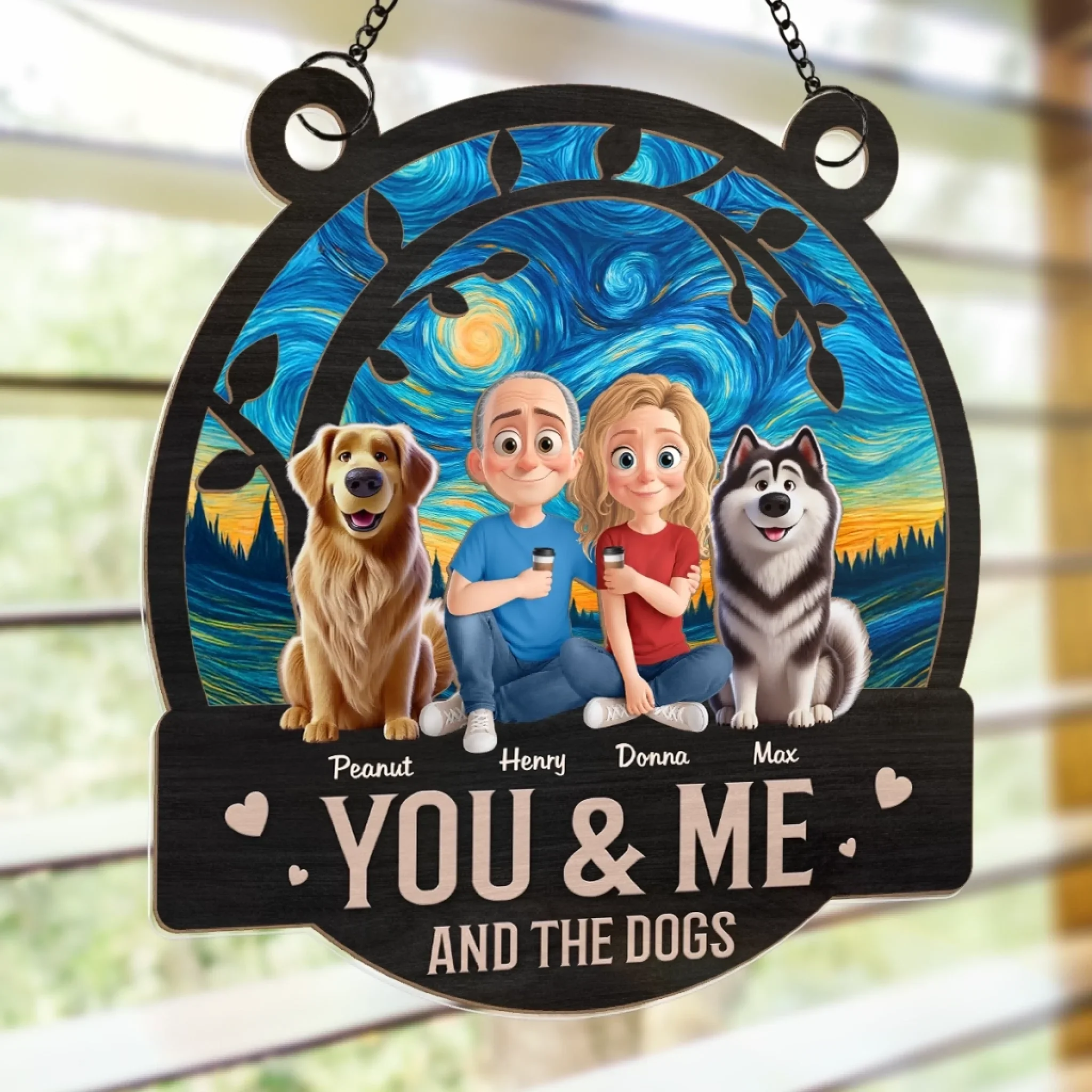 Happiness Is You, Me And The Dog - Couple Personalized Window Hanging Suncatcher - Gift For Husband Wife, Anniversary, Pet Owners, Pet Lovers - Image 4