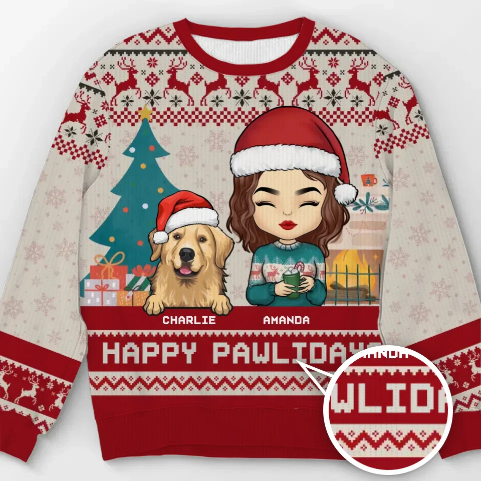Happy Pawlidays - Dog & Cat Personalized Custom Ugly Sweatshirt - Unisex Wool Jumper - Christmas Gift For Husband Wife, Anniversary, Pet Owners, Pet Lovers - Image 2